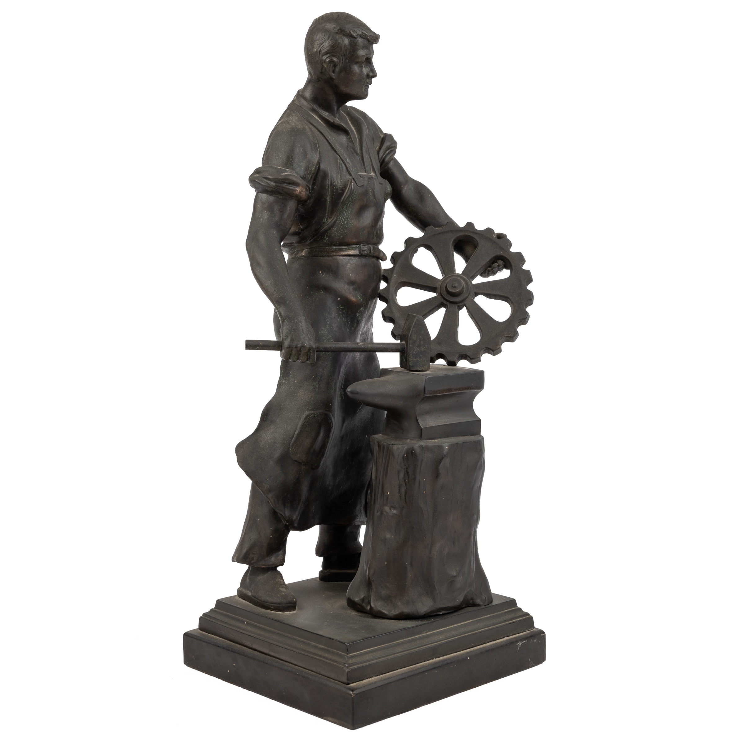 A late 19th century bronzed spelter model of a blacksmith 16cm wide 39cm high - Image 4 of 6