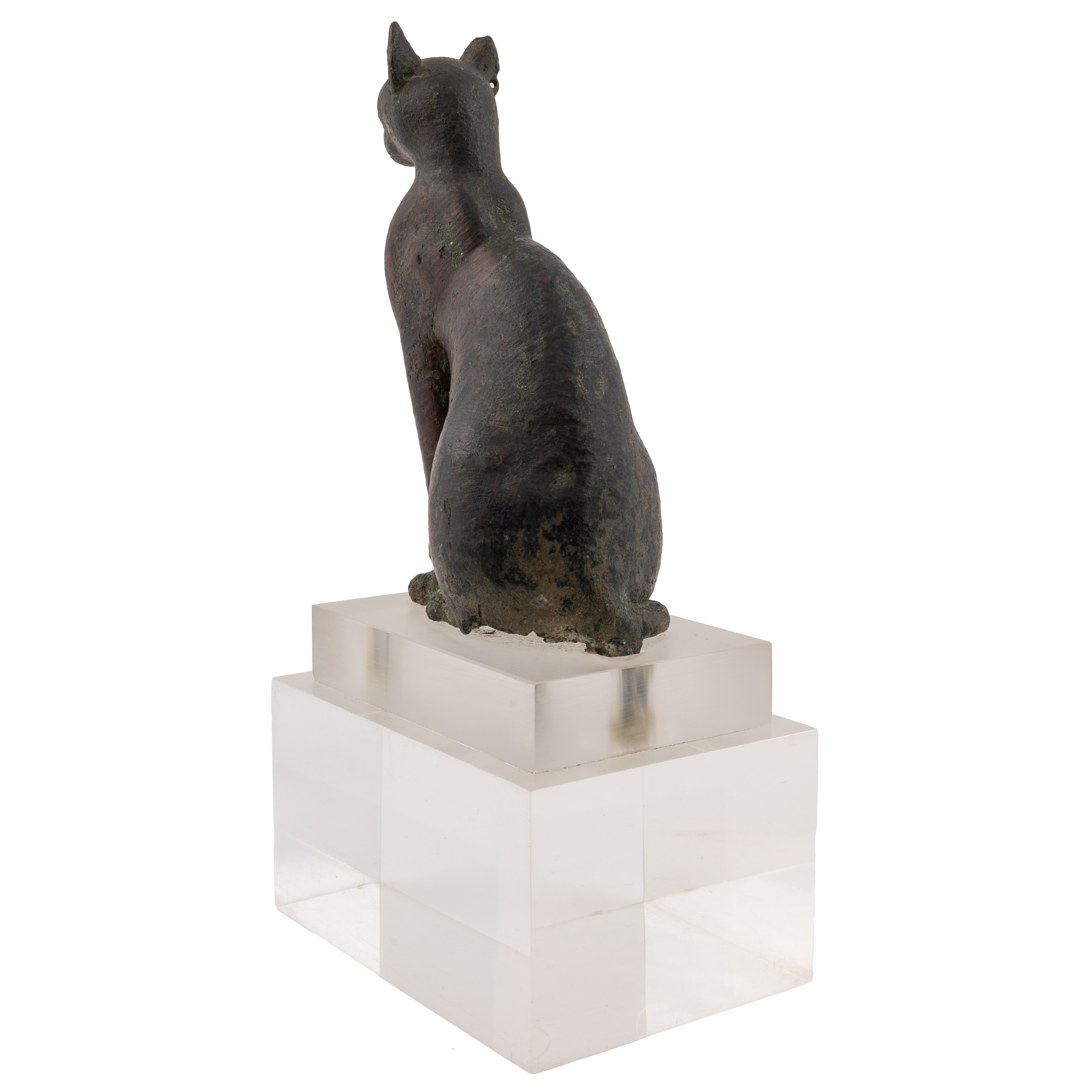 An Egyptian bronze cat figure , hollow cast, depicted seated and alert with forepaws together and - Image 5 of 26