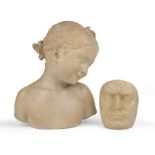 A plaster head a shoulder bust of a girl 26cm wide 34cm high together with a resin death mask of