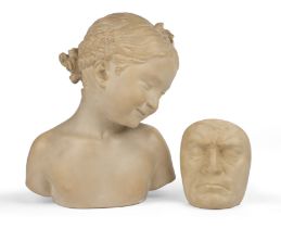 A plaster head a shoulder bust of a girl 26cm wide 34cm high together with a resin death mask of