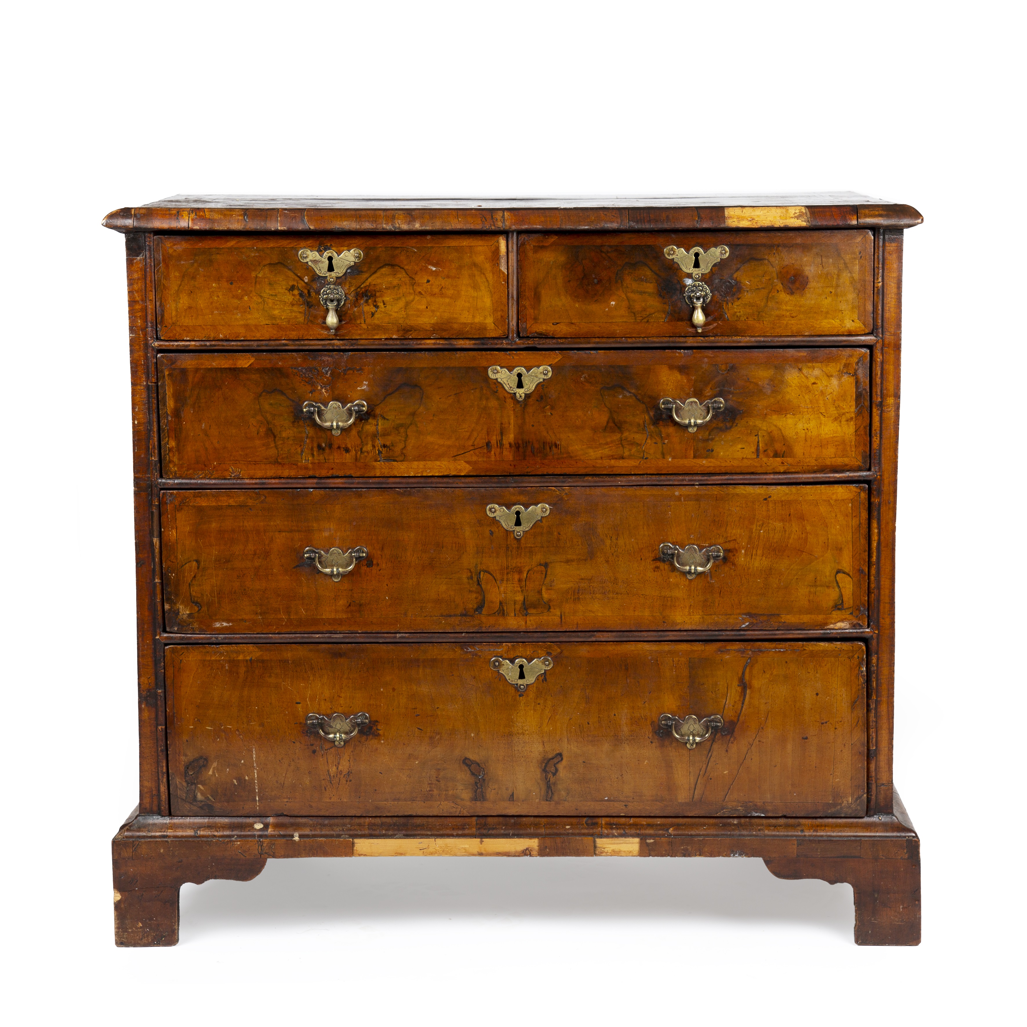 An 18th century walnut chest of two short and three long drawers, raised on bracket feet 96cm wide