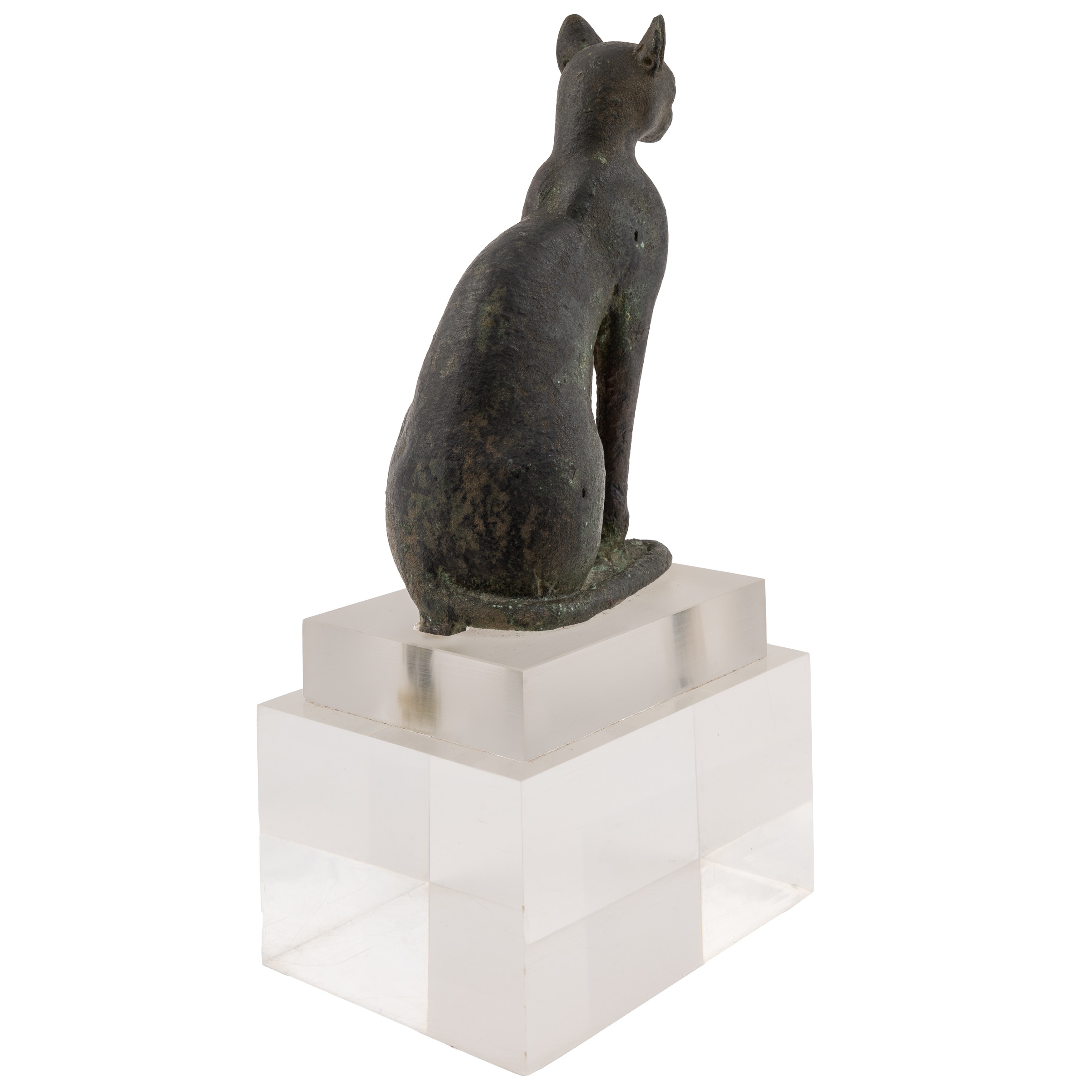 An Egyptian bronze cat figure , hollow cast, depicted seated and alert with forepaws together and - Image 4 of 26