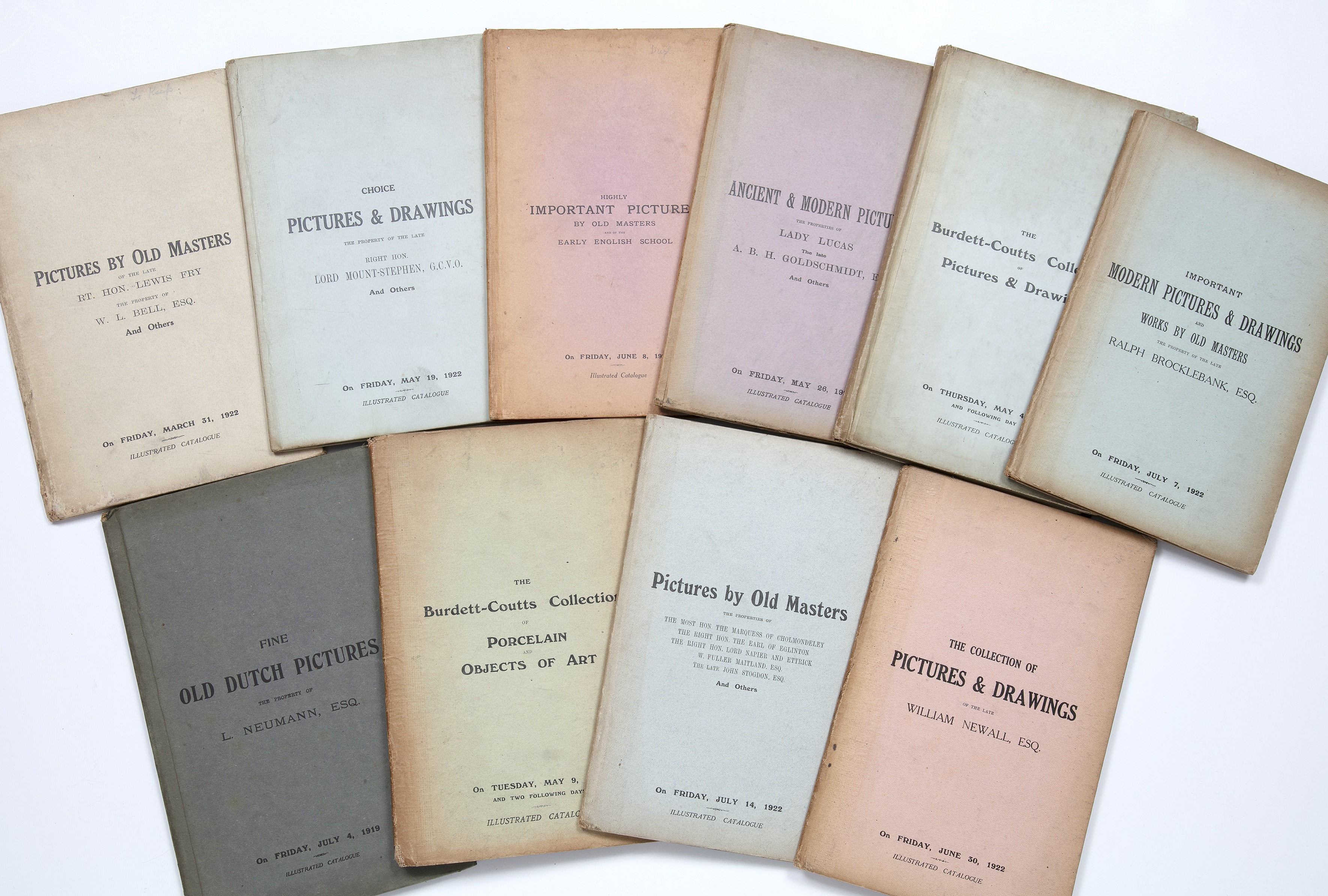 Christie Manson and Woods, London. Ten Auction Catalogues 1919 X 1, 1922 X 8, 1928 X 1, cloth boards