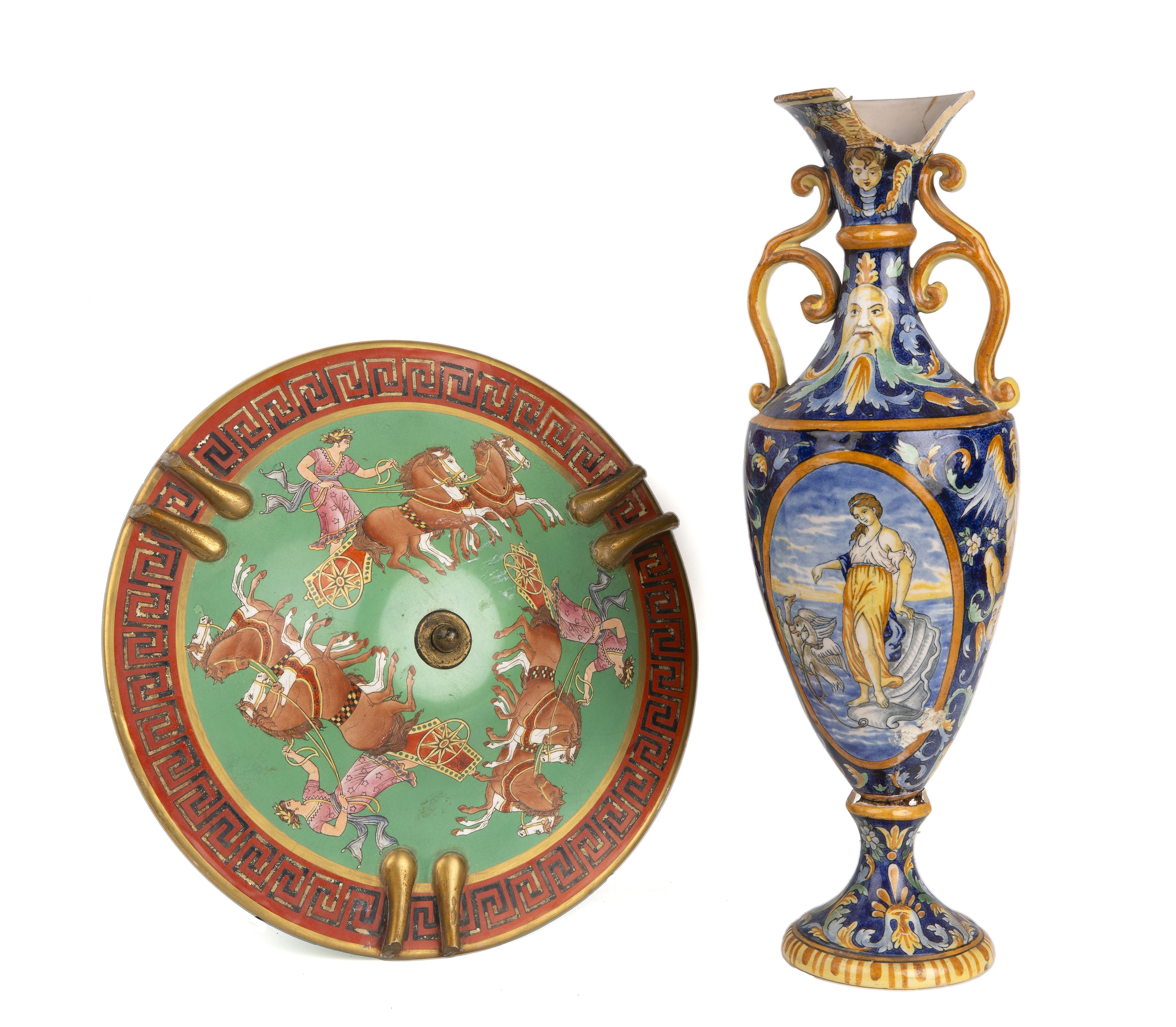 A 19th century Italian majolica vase 41cm high and a possibly wedgwood plafonnier with Greek key