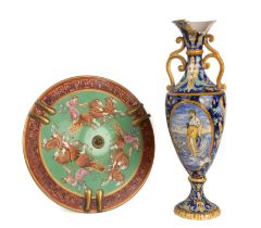 A 19th century Italian majolica vase 41cm high and a possibly wedgwood plafonnier with Greek key