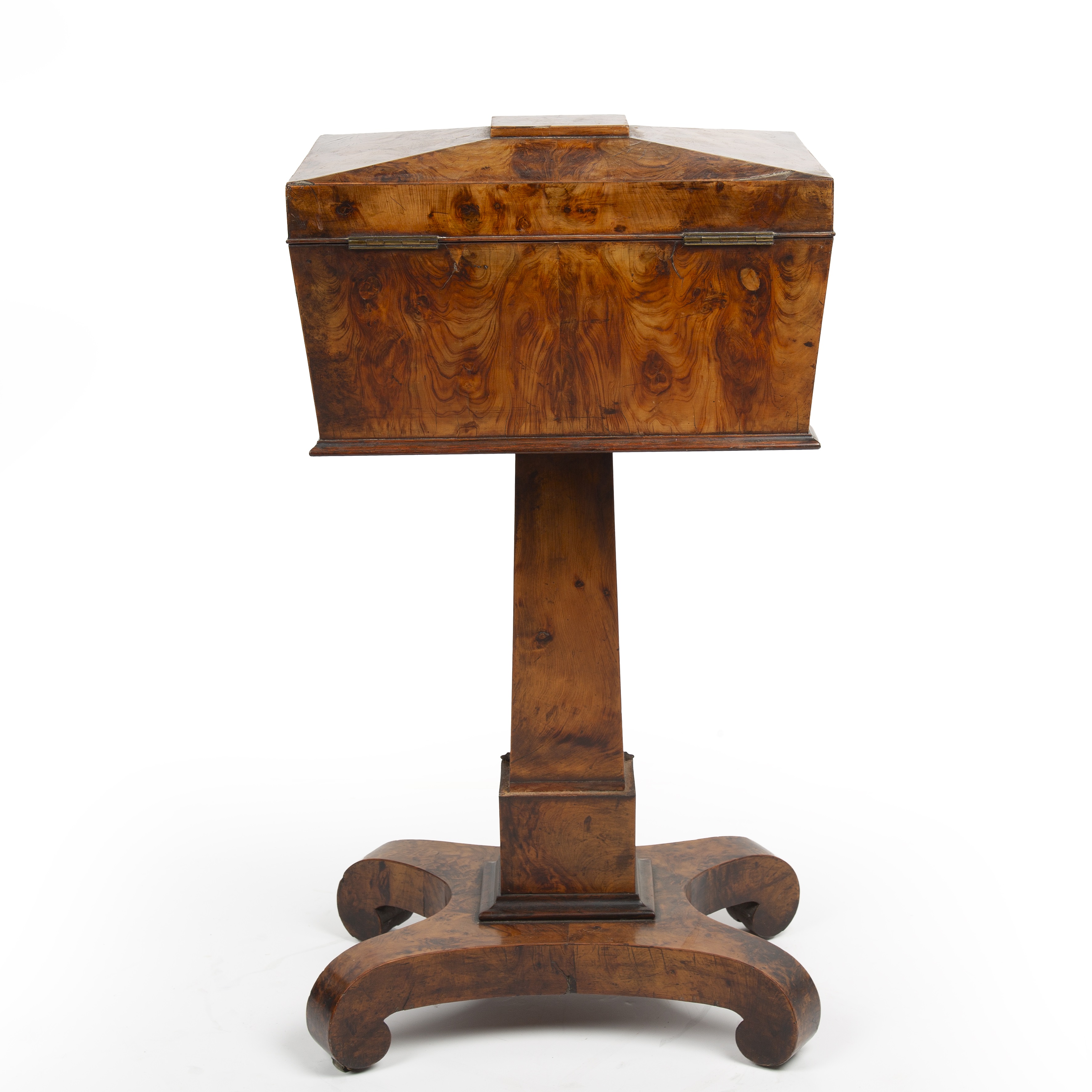 An early 19th century burr yew wood teapoy of sarcophagus form, the top opening to reveal a - Image 3 of 3