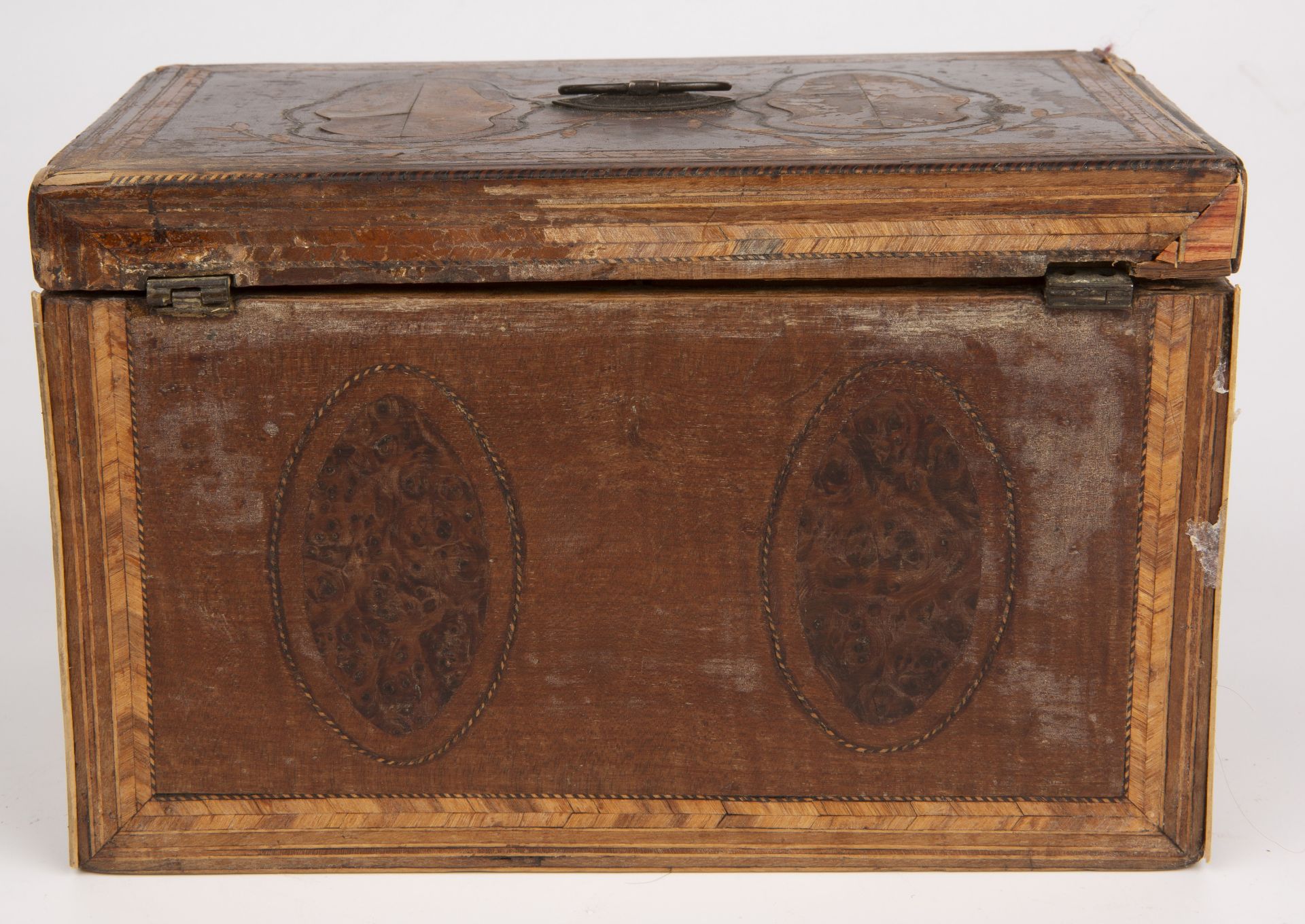 A George III marquetry tea caddy 20cm wide 13cm deep 13cm high (for restoration) - Image 7 of 8