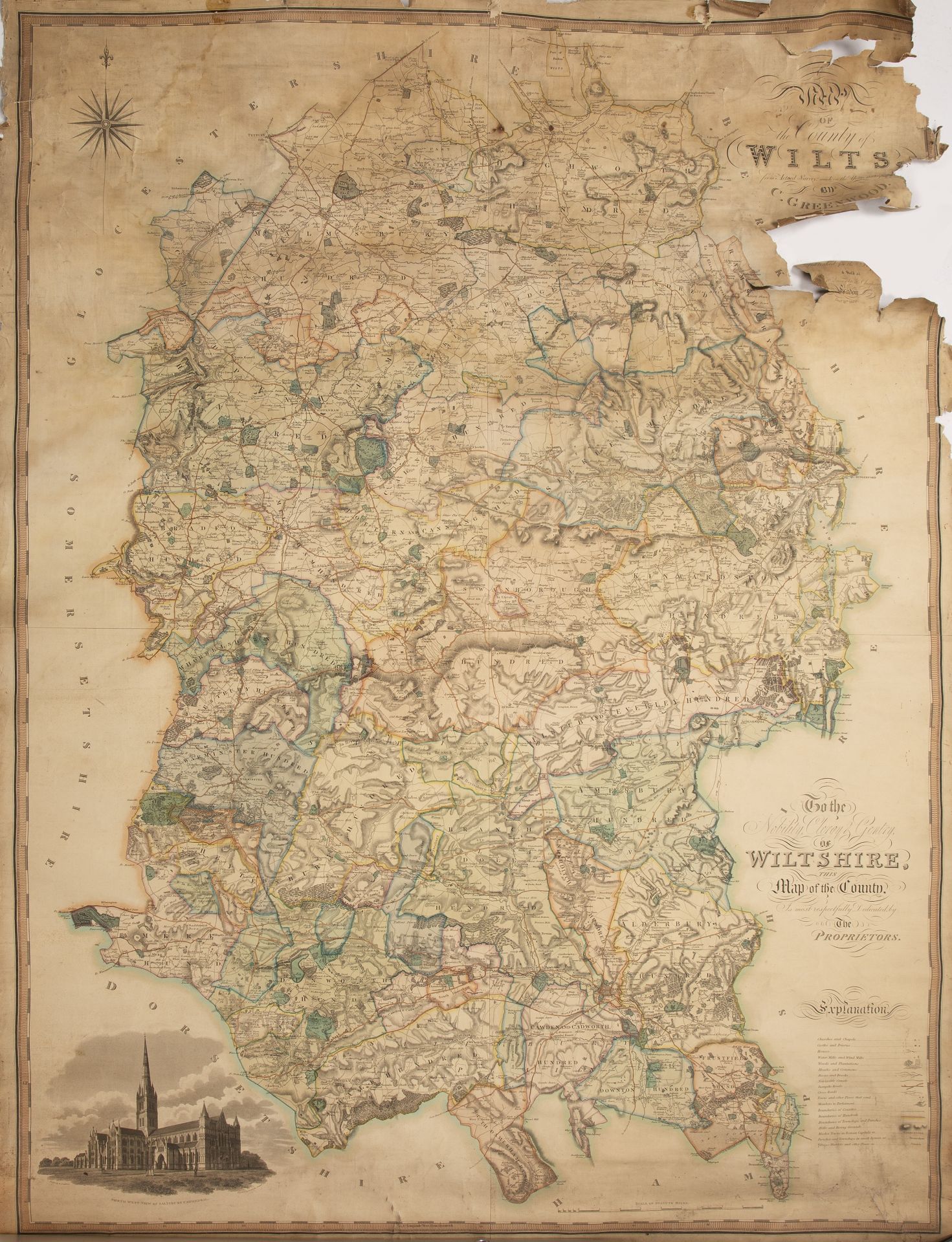 An early 19th century map of the county of Wiltshire by Christopher Greenwood 109cm x 150cm Corner