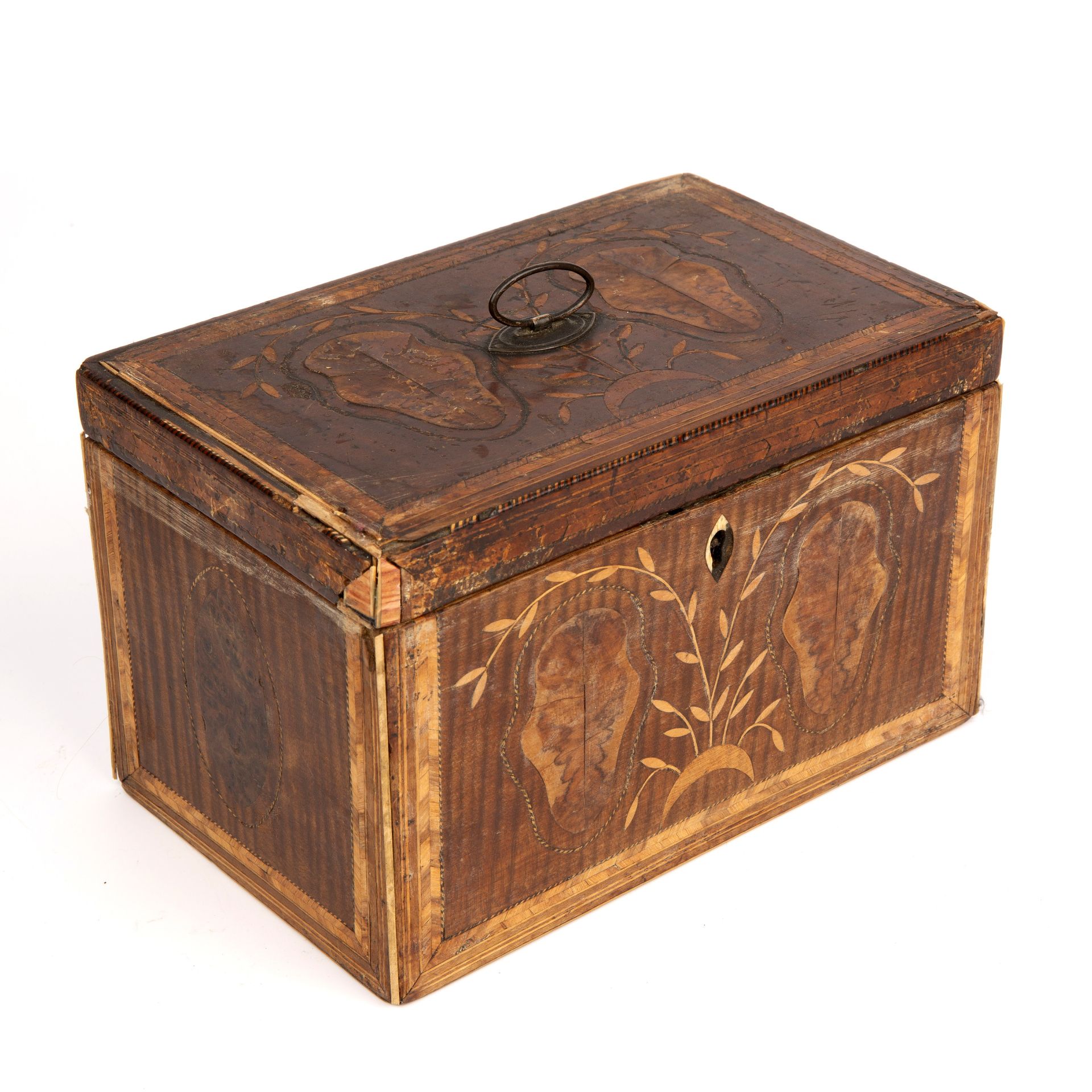 A George III marquetry tea caddy 20cm wide 13cm deep 13cm high (for restoration) - Image 2 of 8