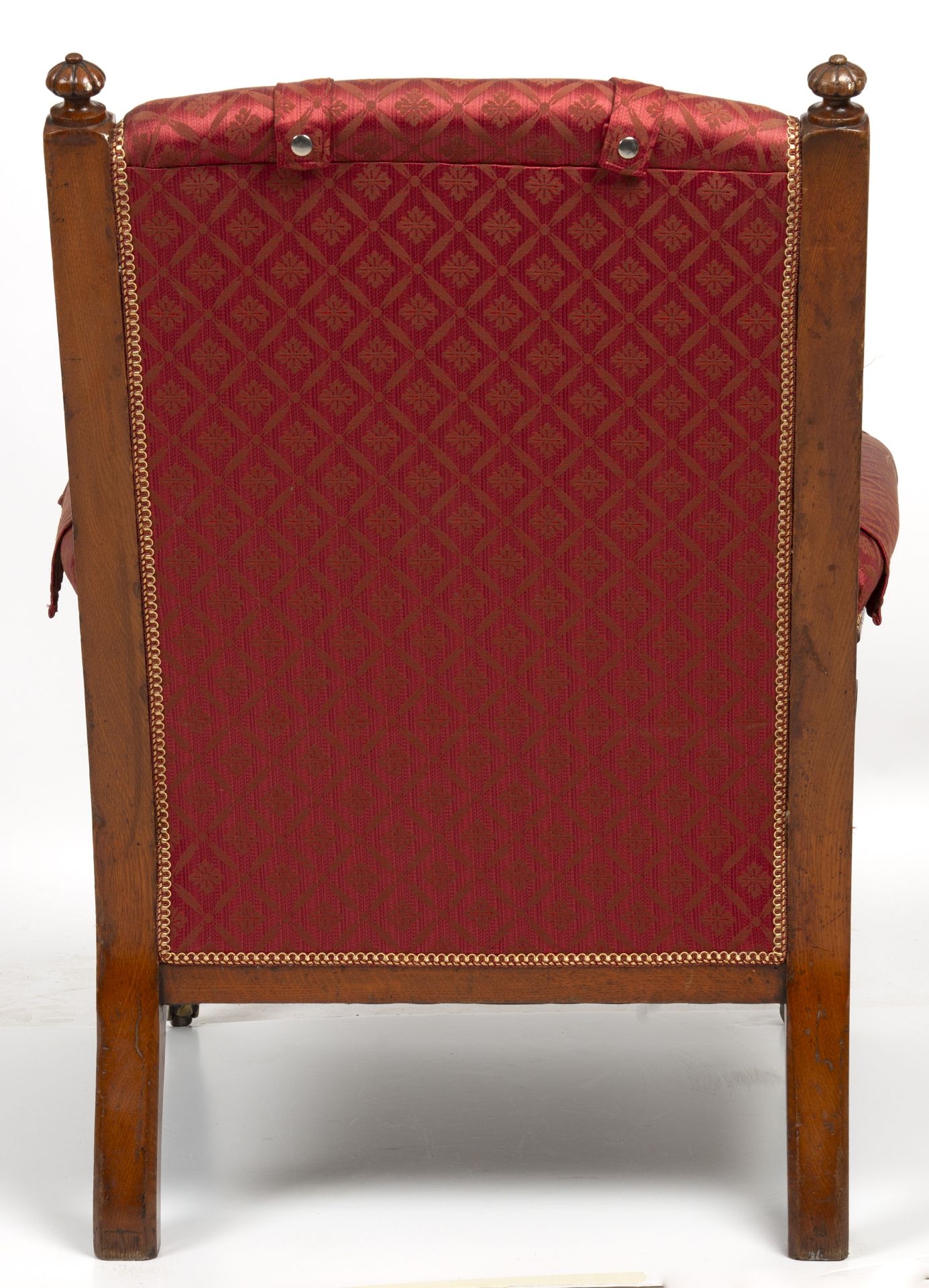 A Victorian oak upholstered armchair the open arms with turned supports and having turned front legs - Image 4 of 4