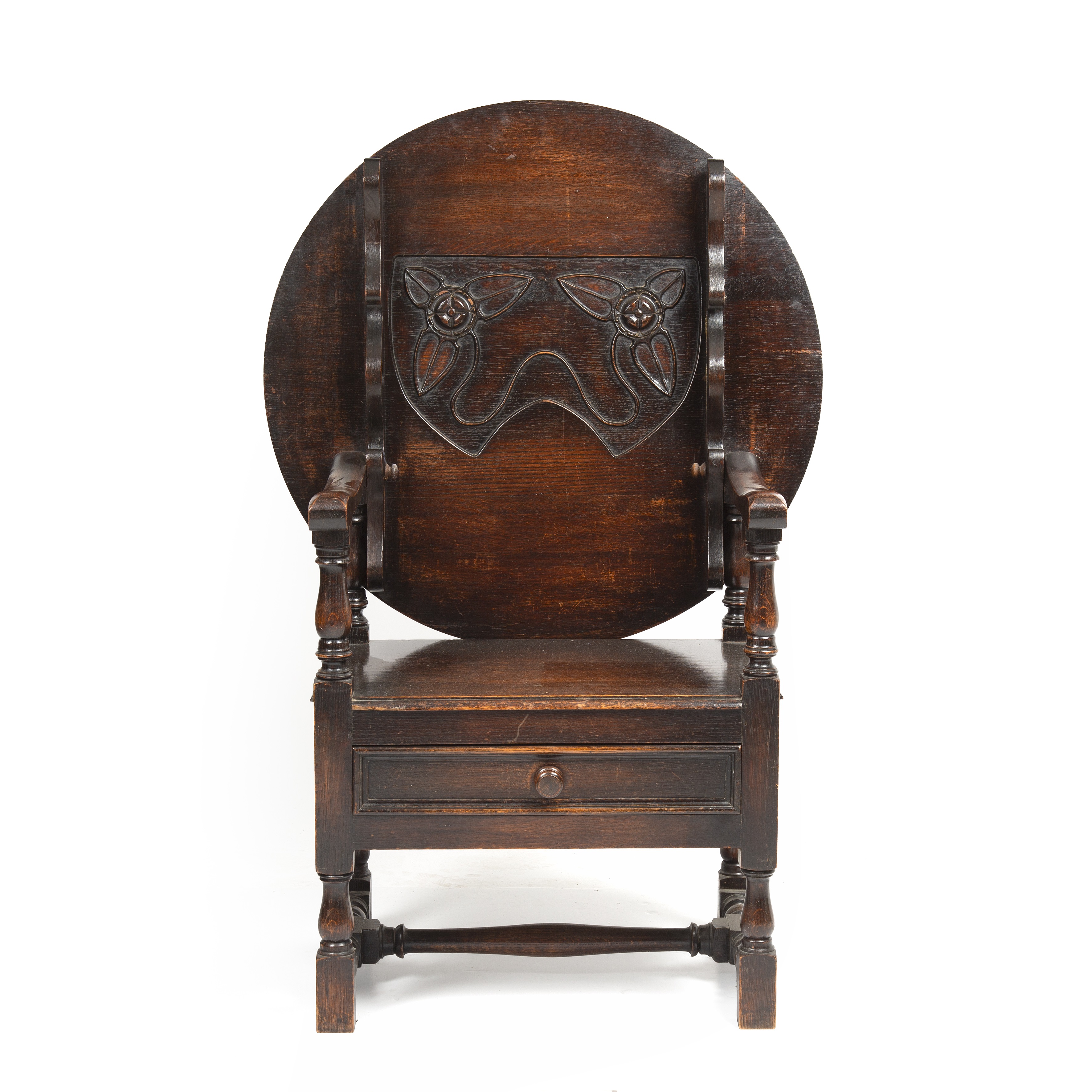 An early 20th century oak monks seat, the lifting back with a carved floral design all raised on - Image 2 of 5