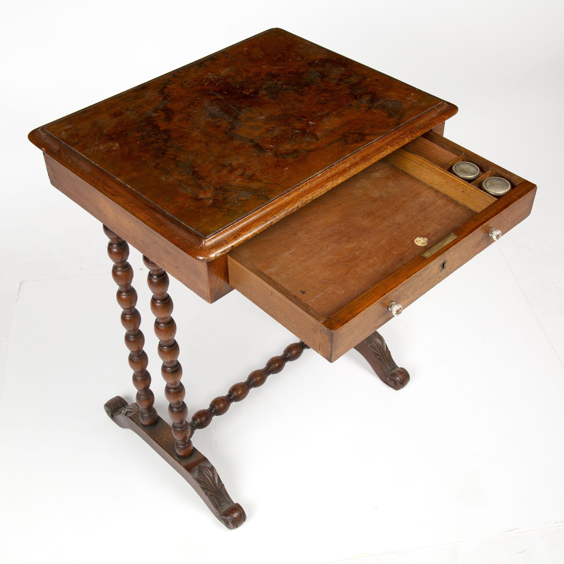 A Victorian walnut work table with bobbin turned supports 54cm wide 43cm deep 67cm high - Image 3 of 6