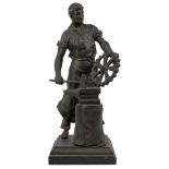 A late 19th century bronzed spelter model of a blacksmith 16cm wide 39cm high