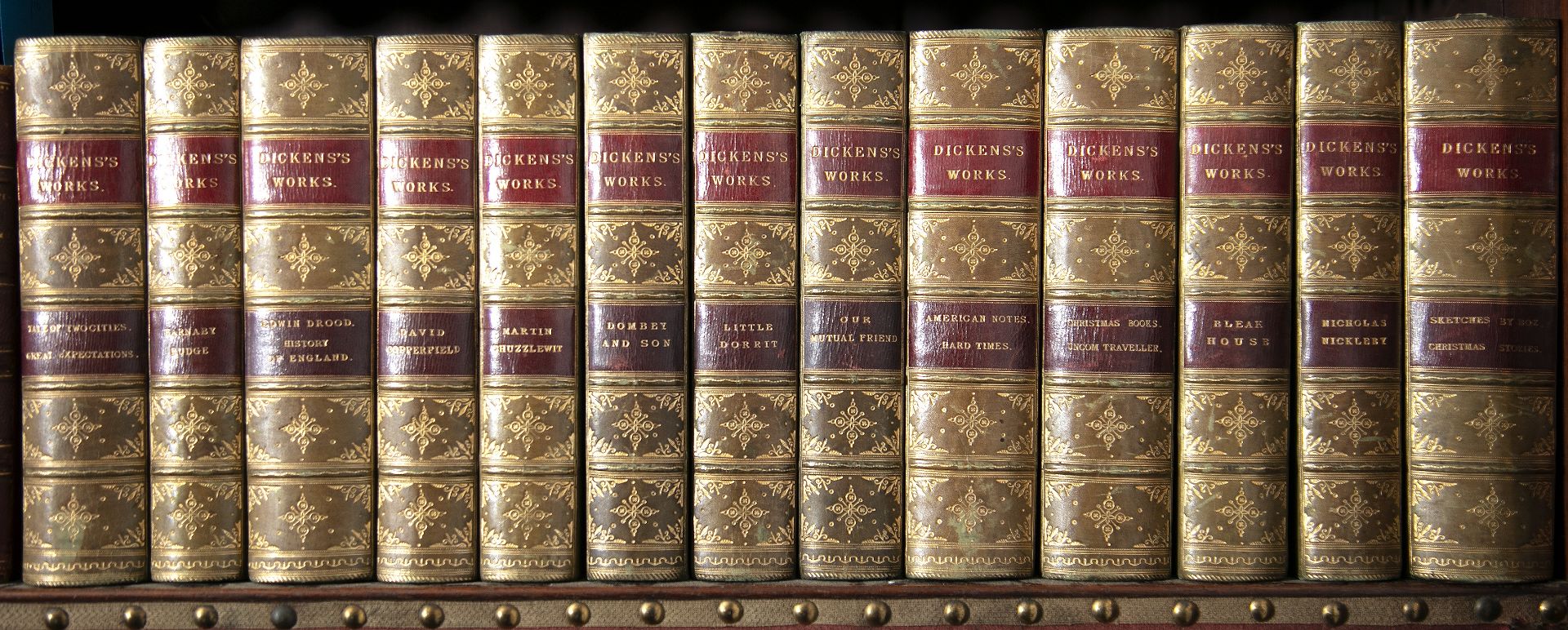 Dickens (Charles). Works Thereof in fourteen vols. Chapman and Hall c1890. Half green calf and