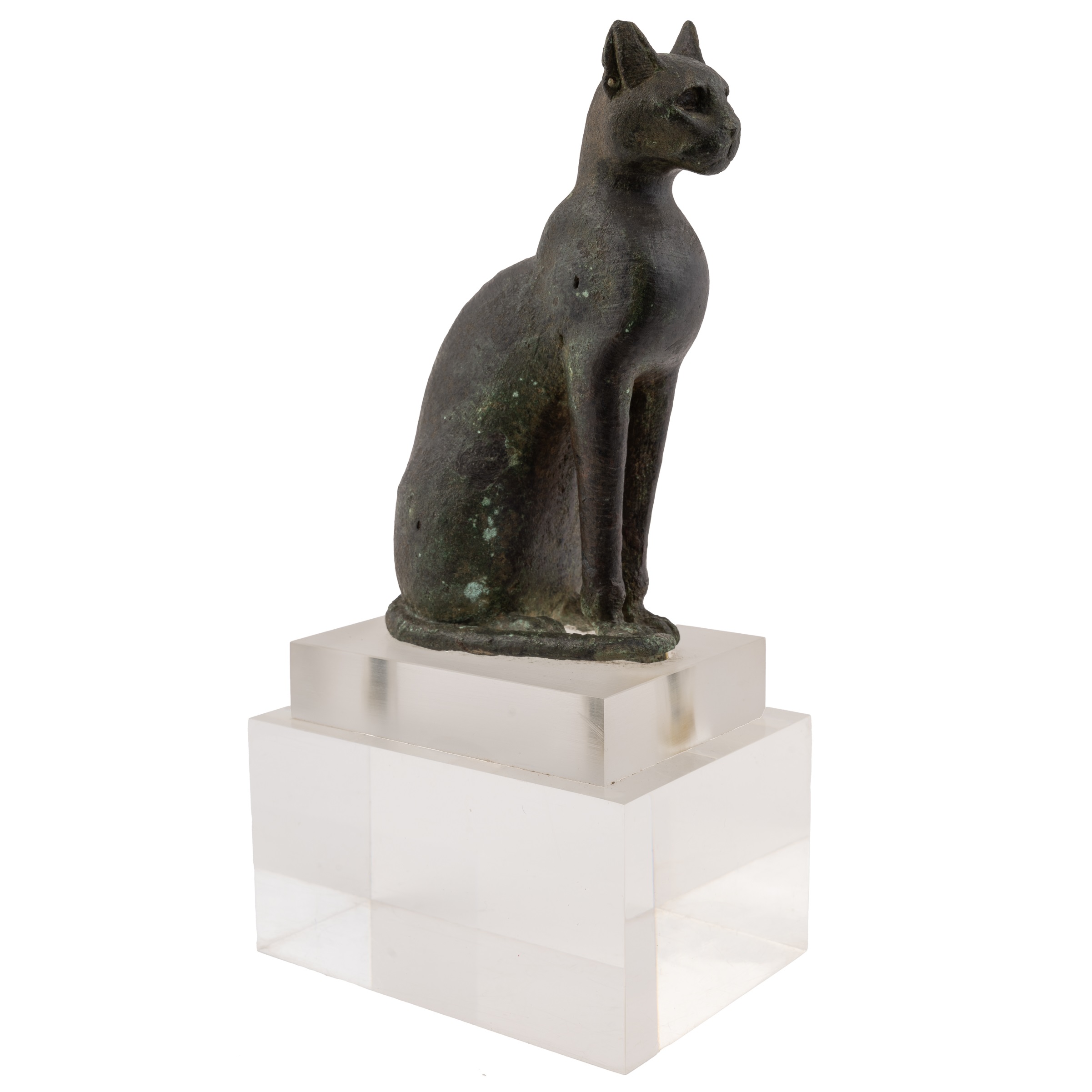 An Egyptian bronze cat figure , hollow cast, depicted seated and alert with forepaws together and - Image 3 of 26