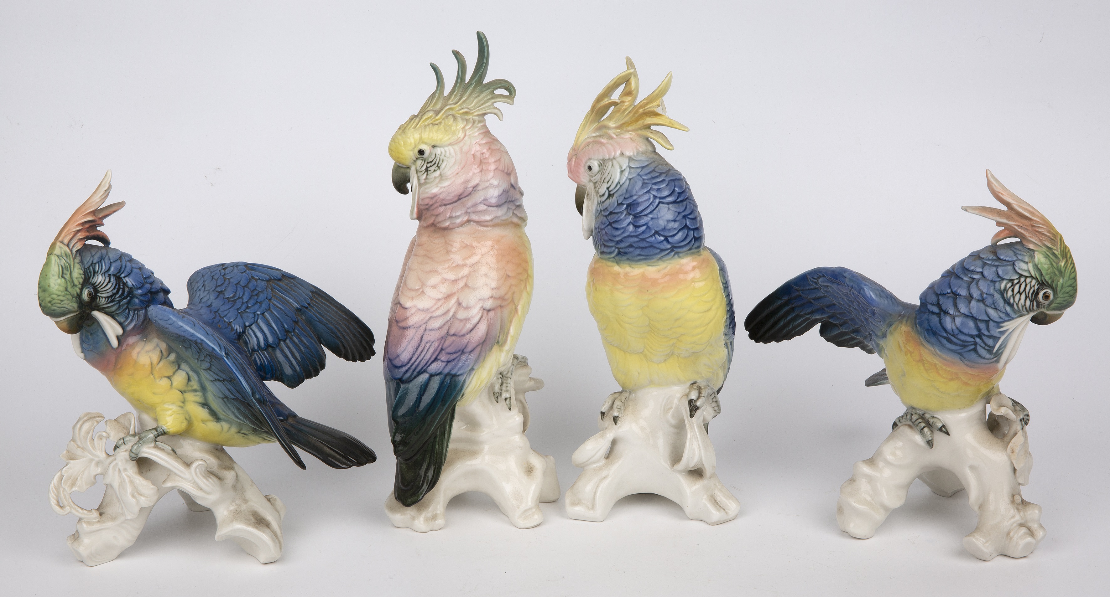 Four continental porcelain cockatoos, the largest 29cm high Bird A - chip to base branch, - Image 2 of 15