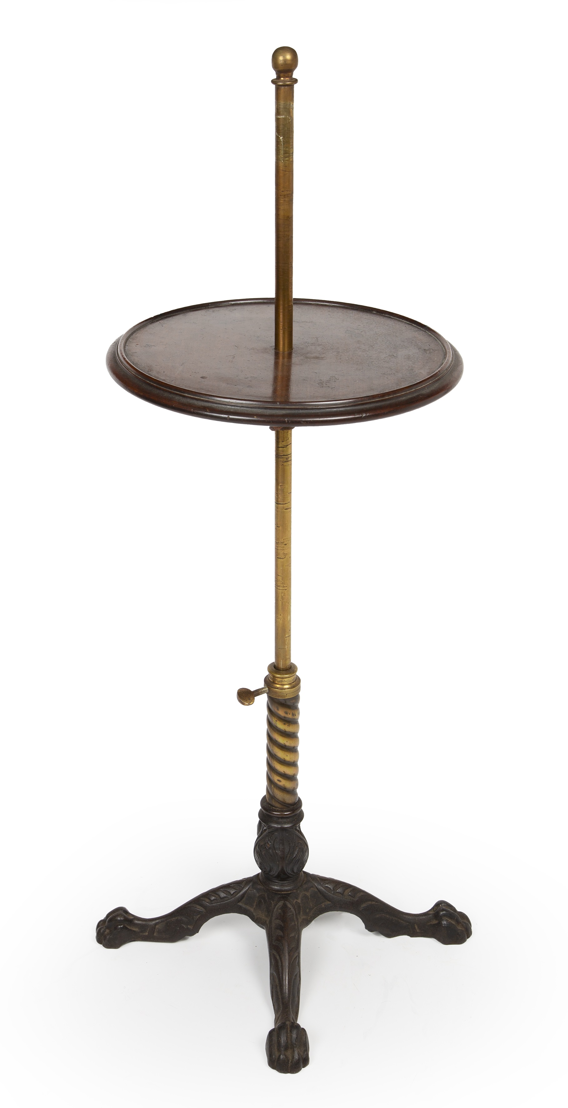 An early Victorian mahogany, brass and cast iron adjustable reading stand by Carters 38cm wide 148cm - Image 3 of 6