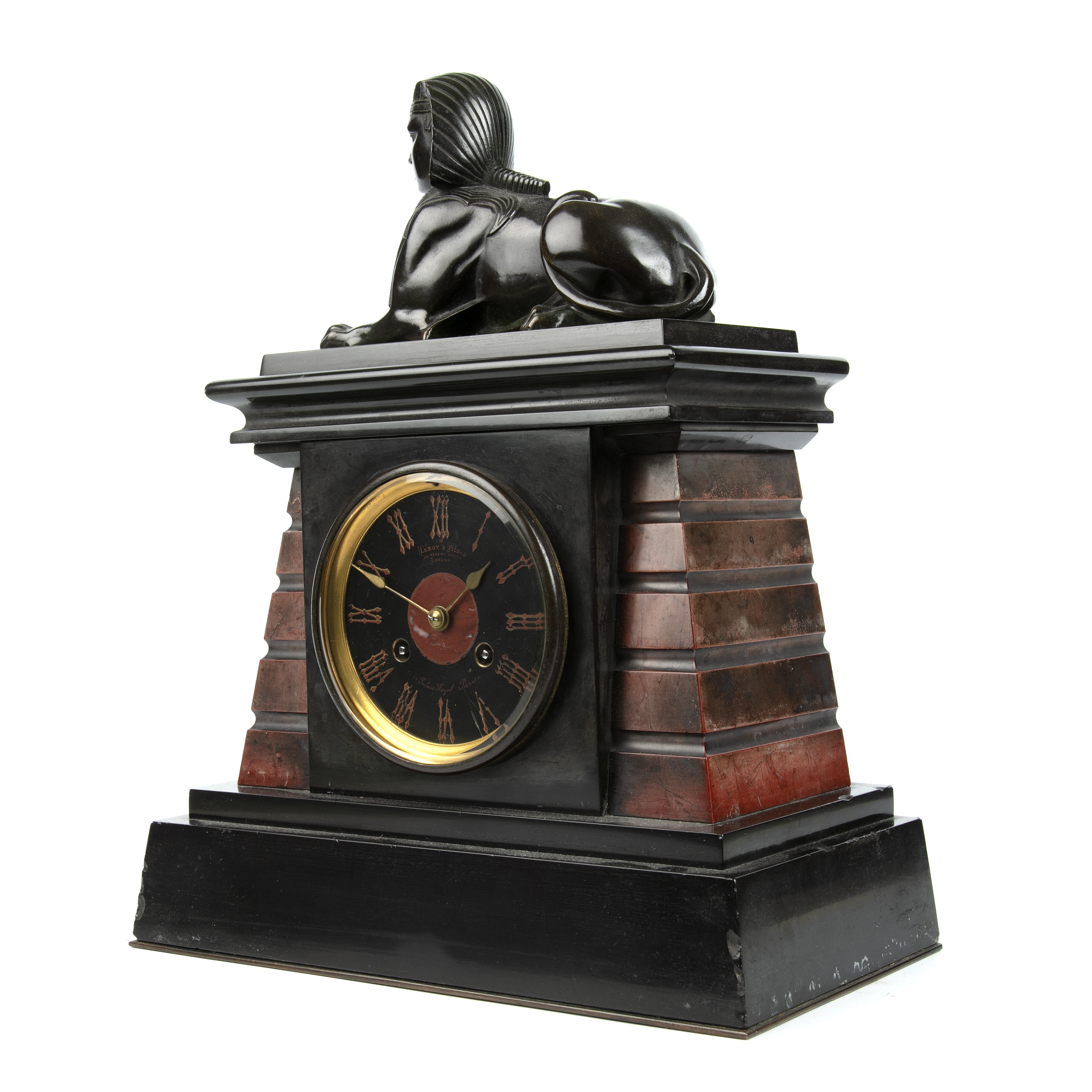 A late 19th century slate mantle clock with a bronze Sphinx, the black dial signed Leroy and Fils, - Image 3 of 5