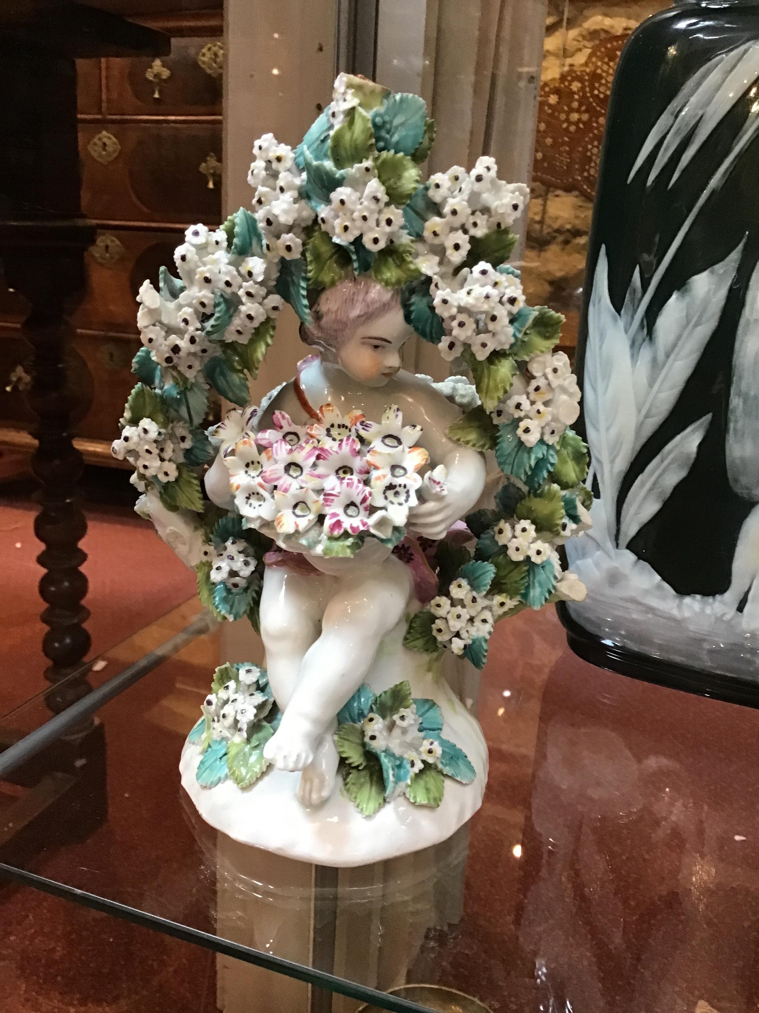 A pair late 18th century possibly Derby flower encrusted cherubs 13cm wide 19cm high Cherub with - Image 7 of 37