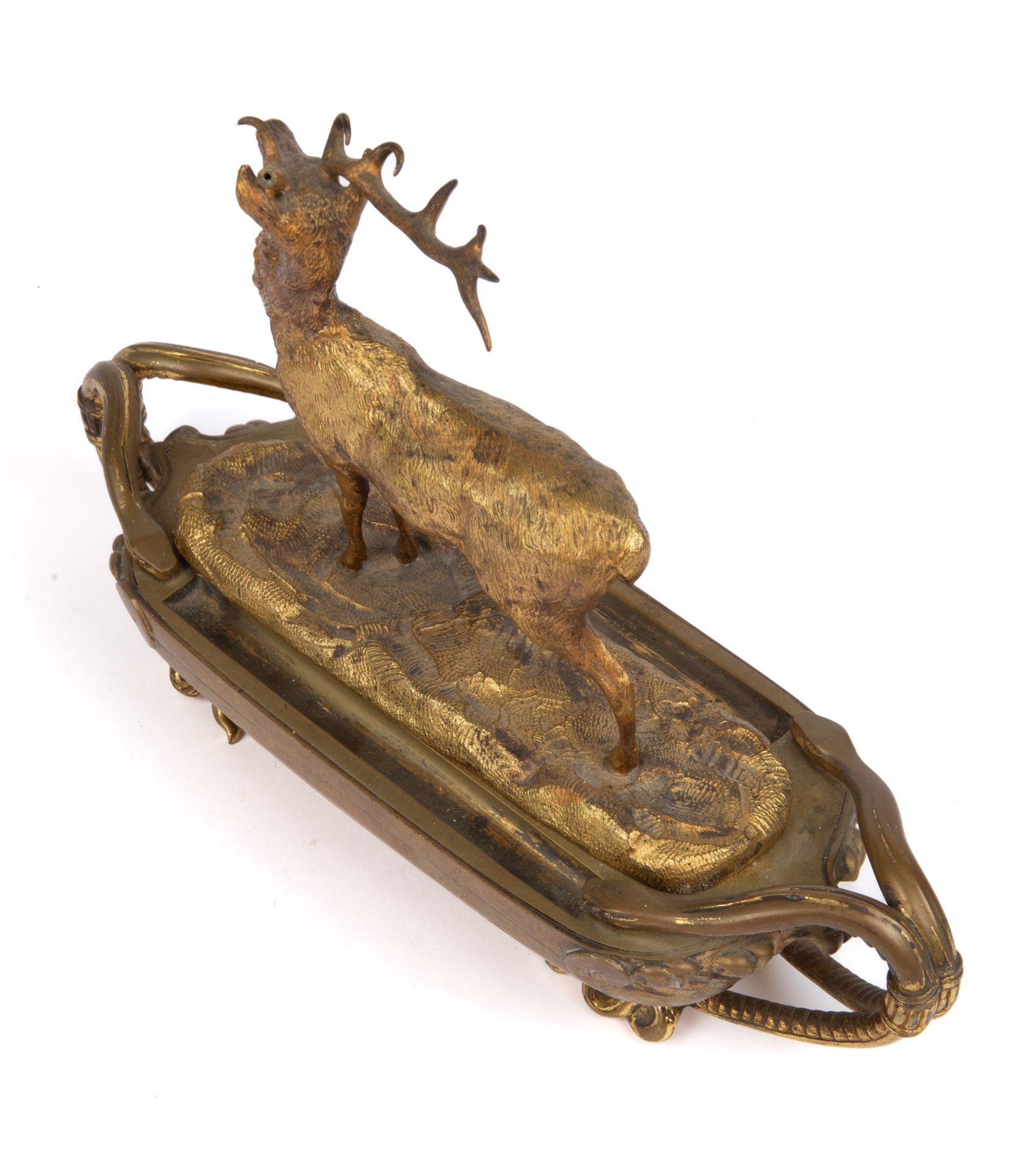 A 19th century gilt metal inkstand with a stag surmount on a boat-shaped base and with serpent - Image 3 of 4
