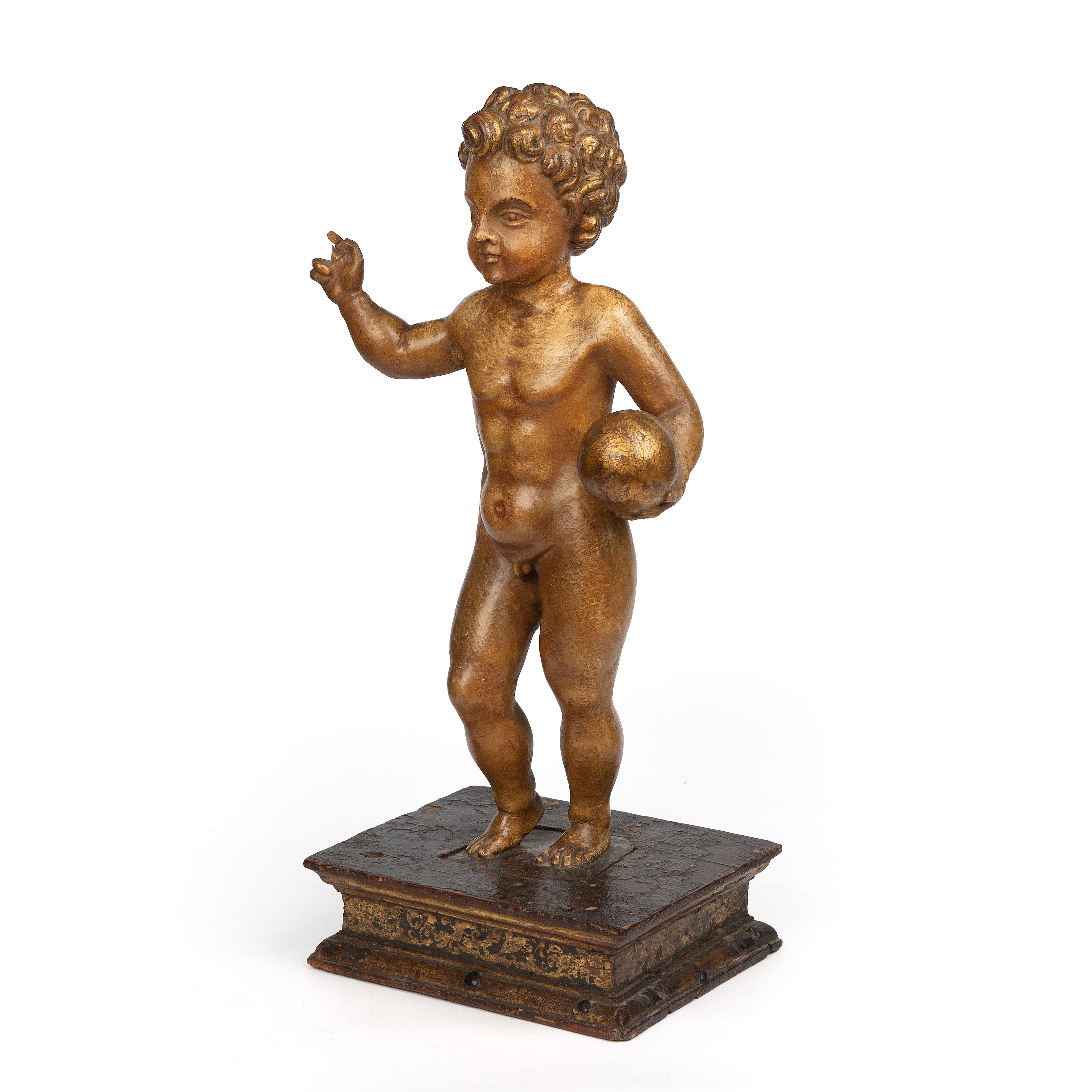 A 17th/18th century Italian gilded and carved limewood cherub on a rectangular gilded base 24cm wide - Image 2 of 26
