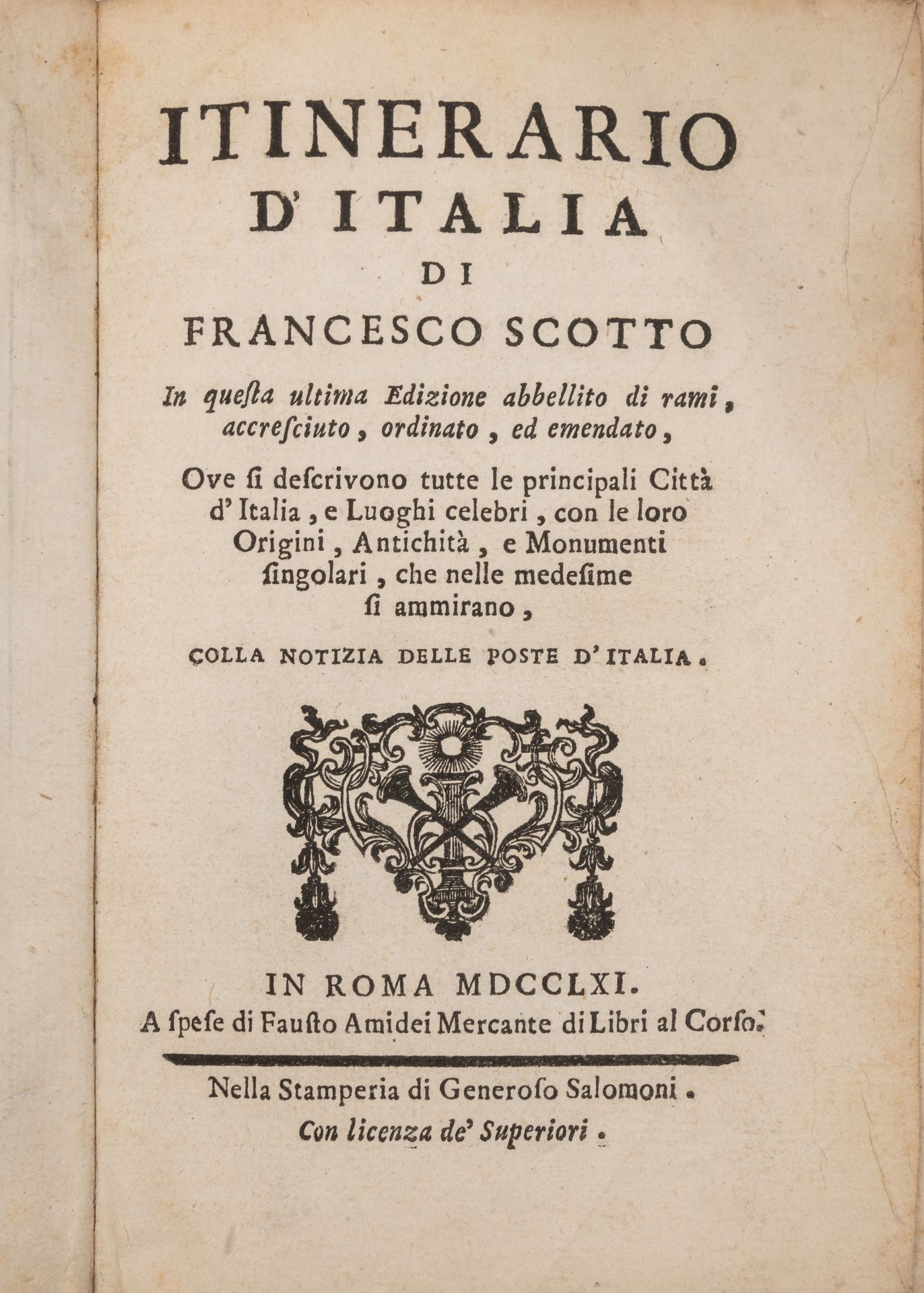 Scotto (Francesco) Itinerario. D'Italia, Fausto Amidei, Rome 1761. 3 pts in one. 404pp with colophon - Bild 2 aus 4