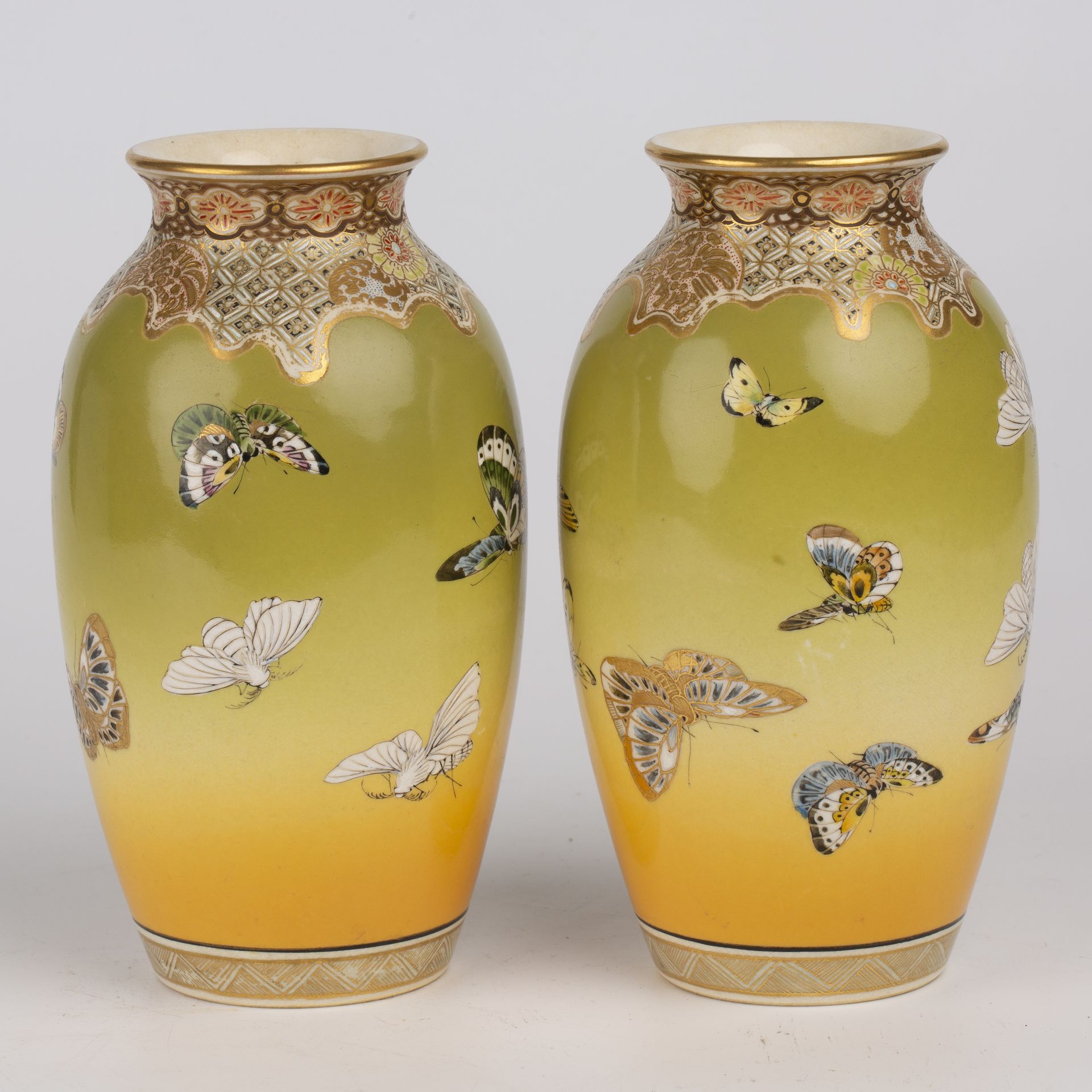 A pair of Japanese Meiji Satsuma porcelain vases decorated with butterflies and moths, with - Image 2 of 11