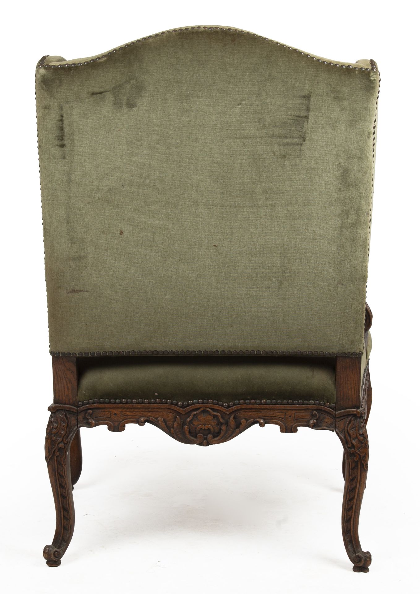 A Louis XVI style wing back upholstered armchair with a carved oak frame 75cm wide - Bild 3 aus 3