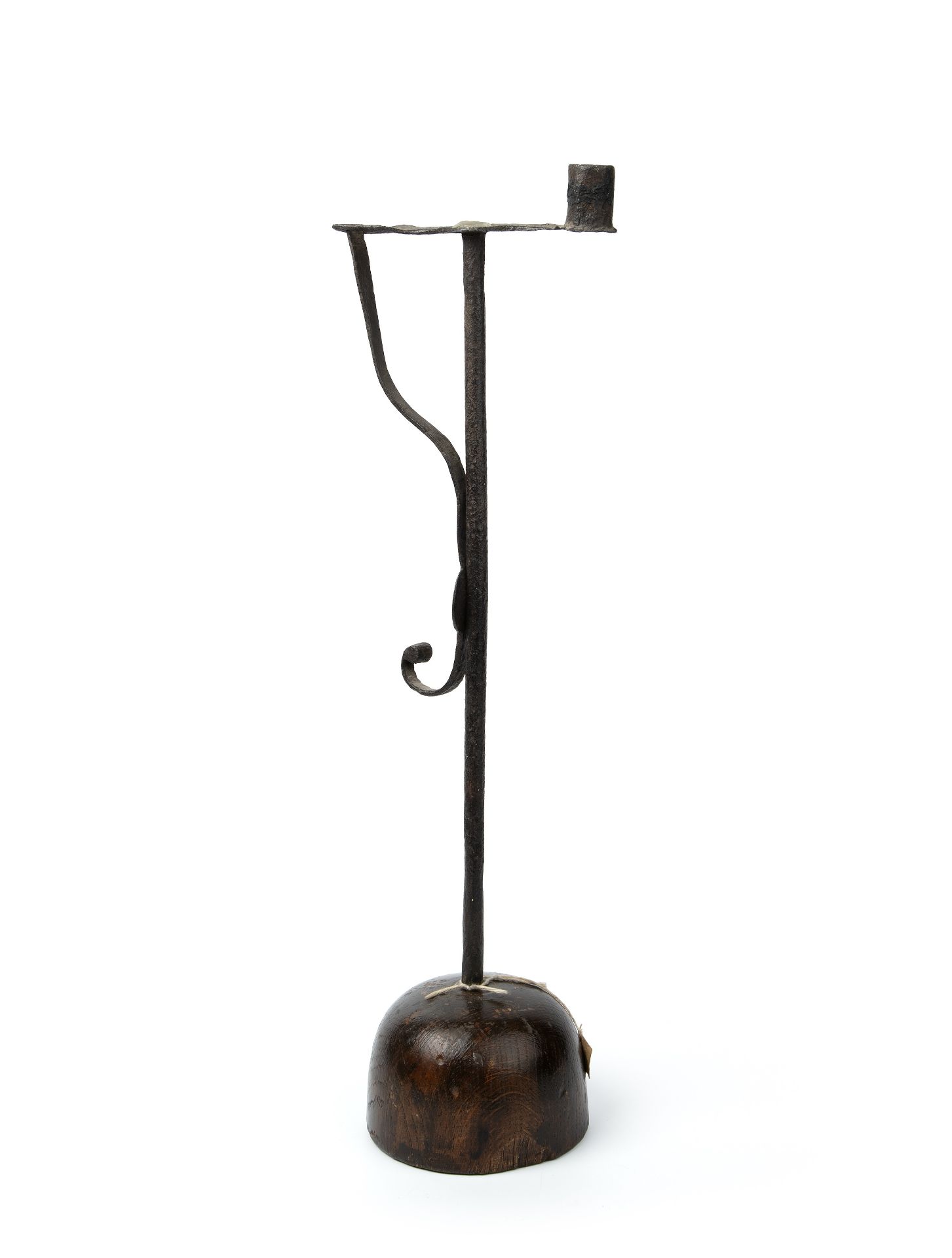 An 18th century wrought iron rush light with a turned oak base 16cm wide 54cm high. - Image 2 of 3