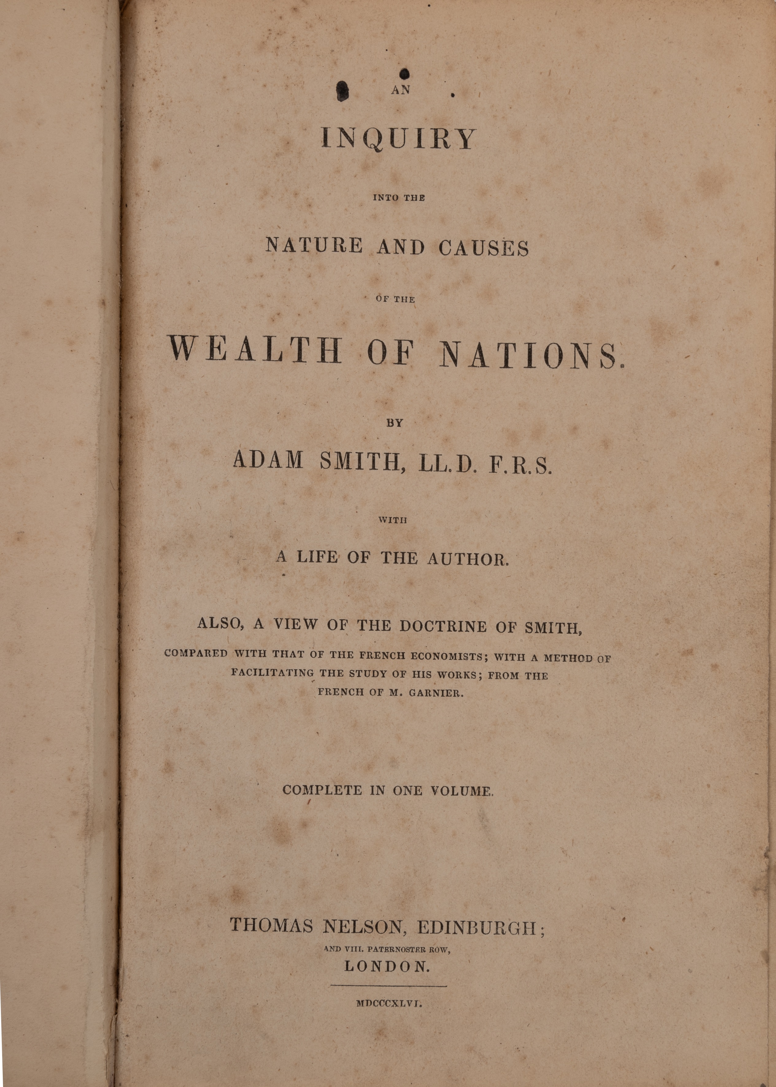 Smith (Adam) 'An Inquiry into the Nature and Causes of the Wealth of Nations'. 1 vol. Thomas Nelson, - Image 3 of 3
