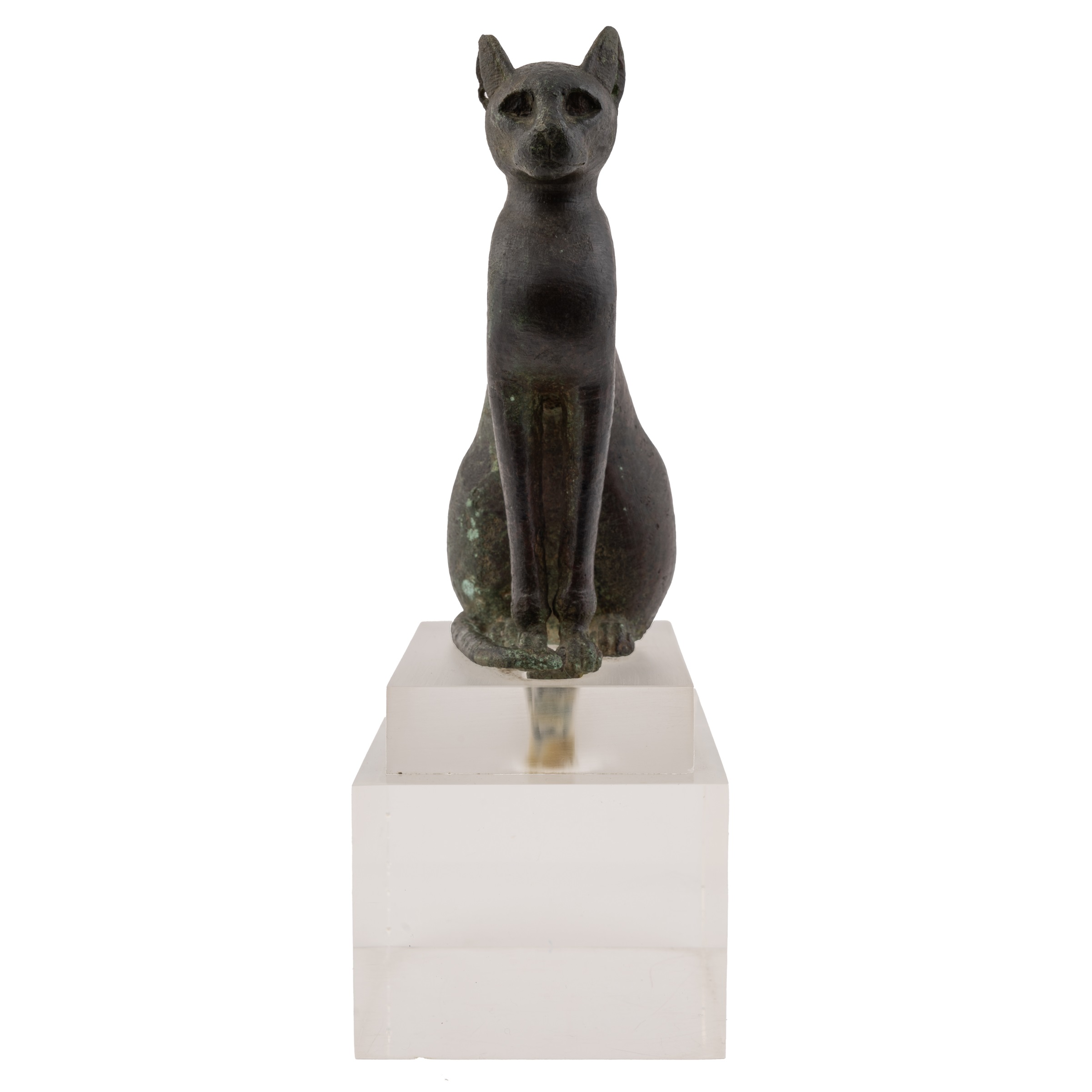 An Egyptian bronze cat figure , hollow cast, depicted seated and alert with forepaws together and - Image 2 of 26