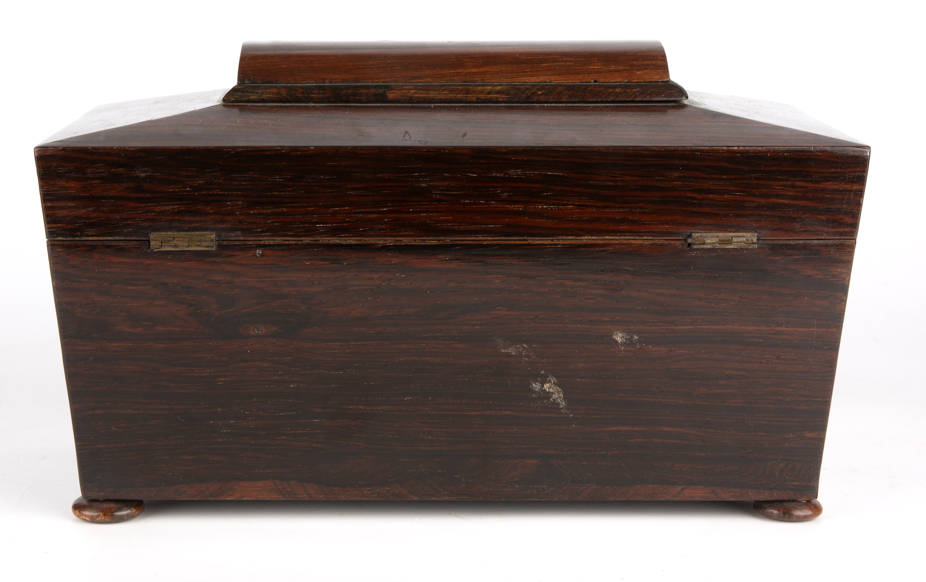 A Regency rosewood tea caddy of sarcophagus form with turned bun feet, 30cm wide 16cm deep 18cm high - Bild 4 aus 4