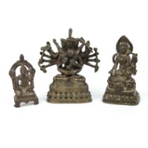 An antique Indian bronze Vishnu and Lakshmi 6cm wide 4cm deep 11cm high and two further Indian