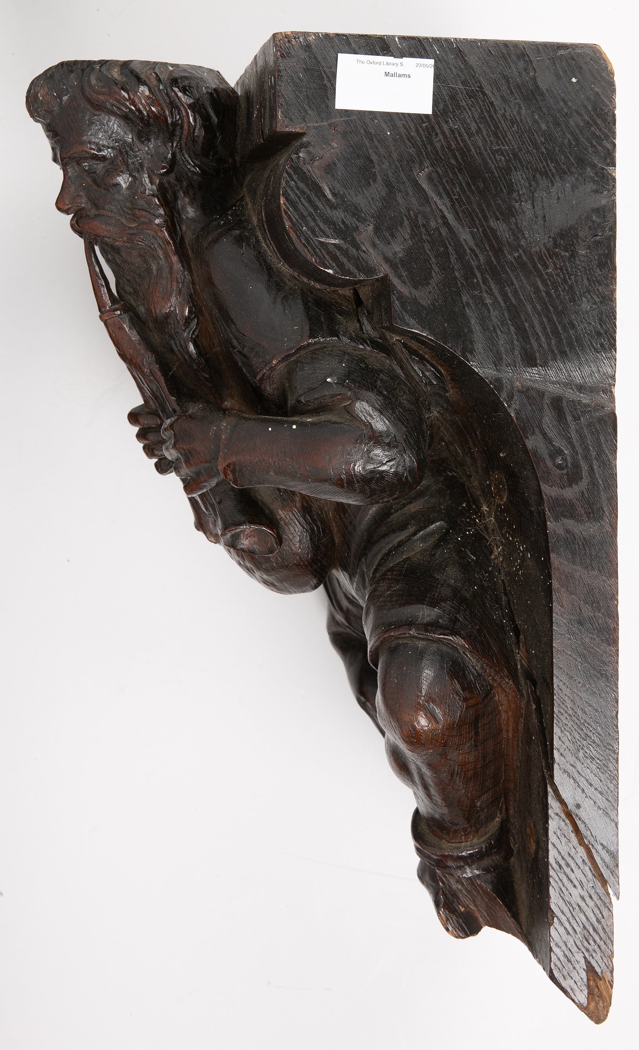 An 18th/19th century carved oak bracket in the form of a medieval bag piper 23cm wide 26vcm deep - Image 3 of 3