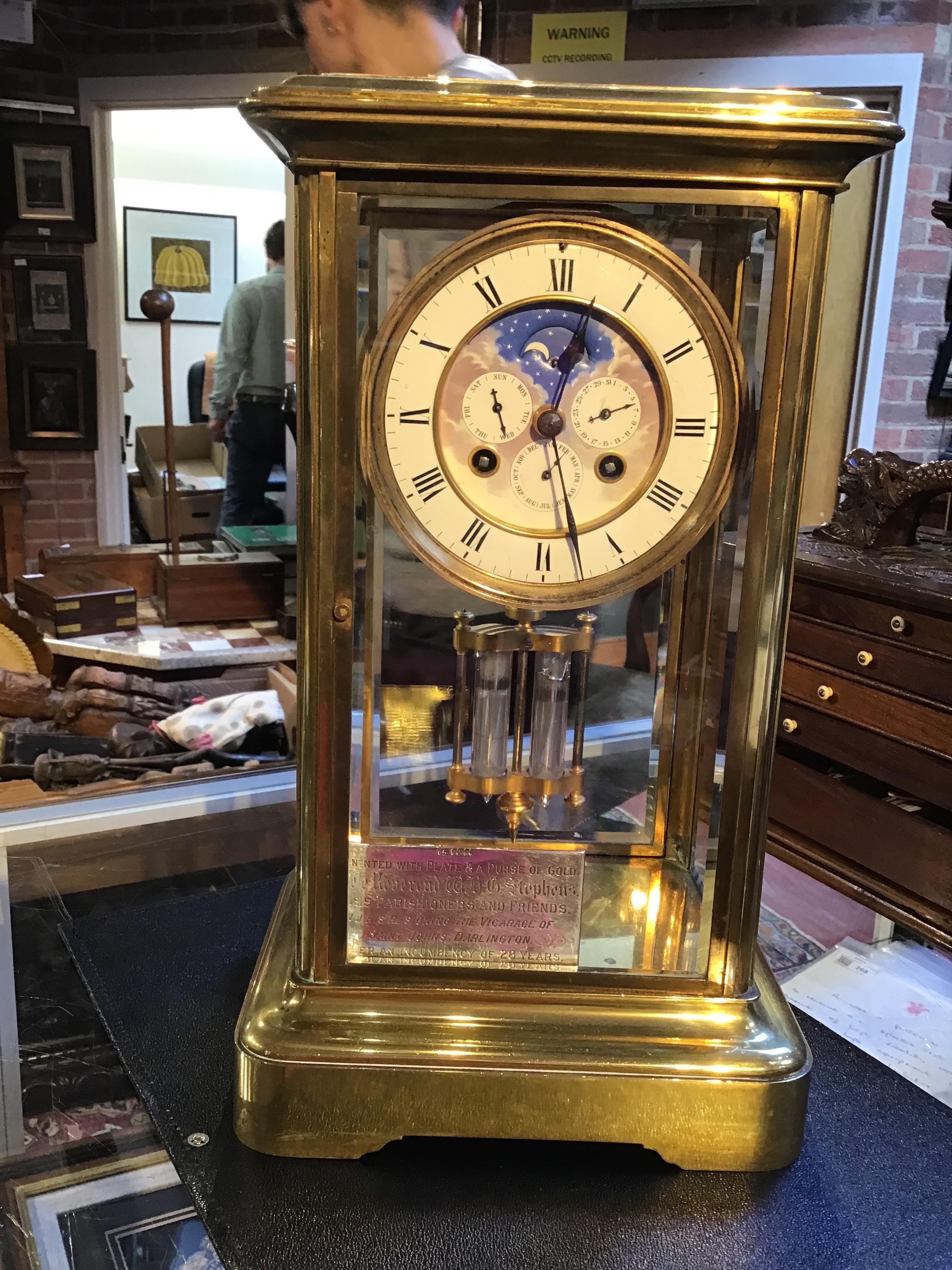 A 19th century French four glass gilt metal mantle clock, the enamel dial with roman numerals, - Image 3 of 16