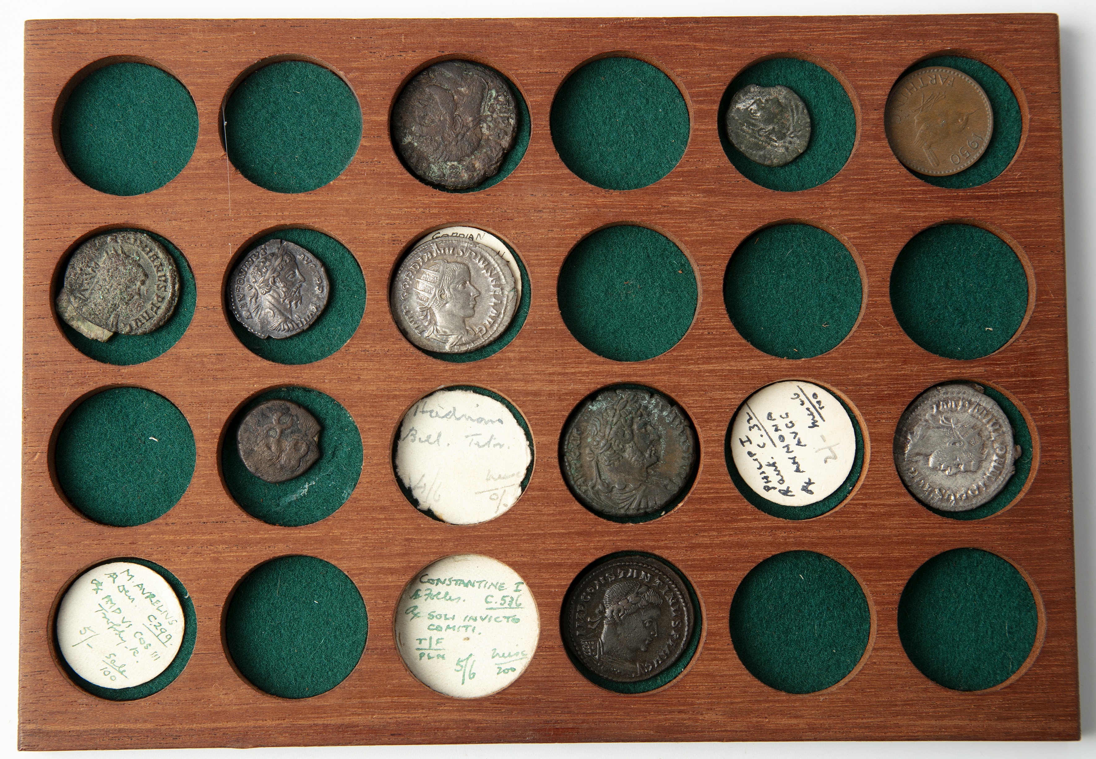 A cabinet on antique coins to include Roman coins, Gordian III, other coins George III 1787 - Image 11 of 12