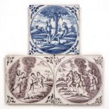 Three early 18th century Delft tiles, expulsion from the Garden of Eden and temptation cira 1720,