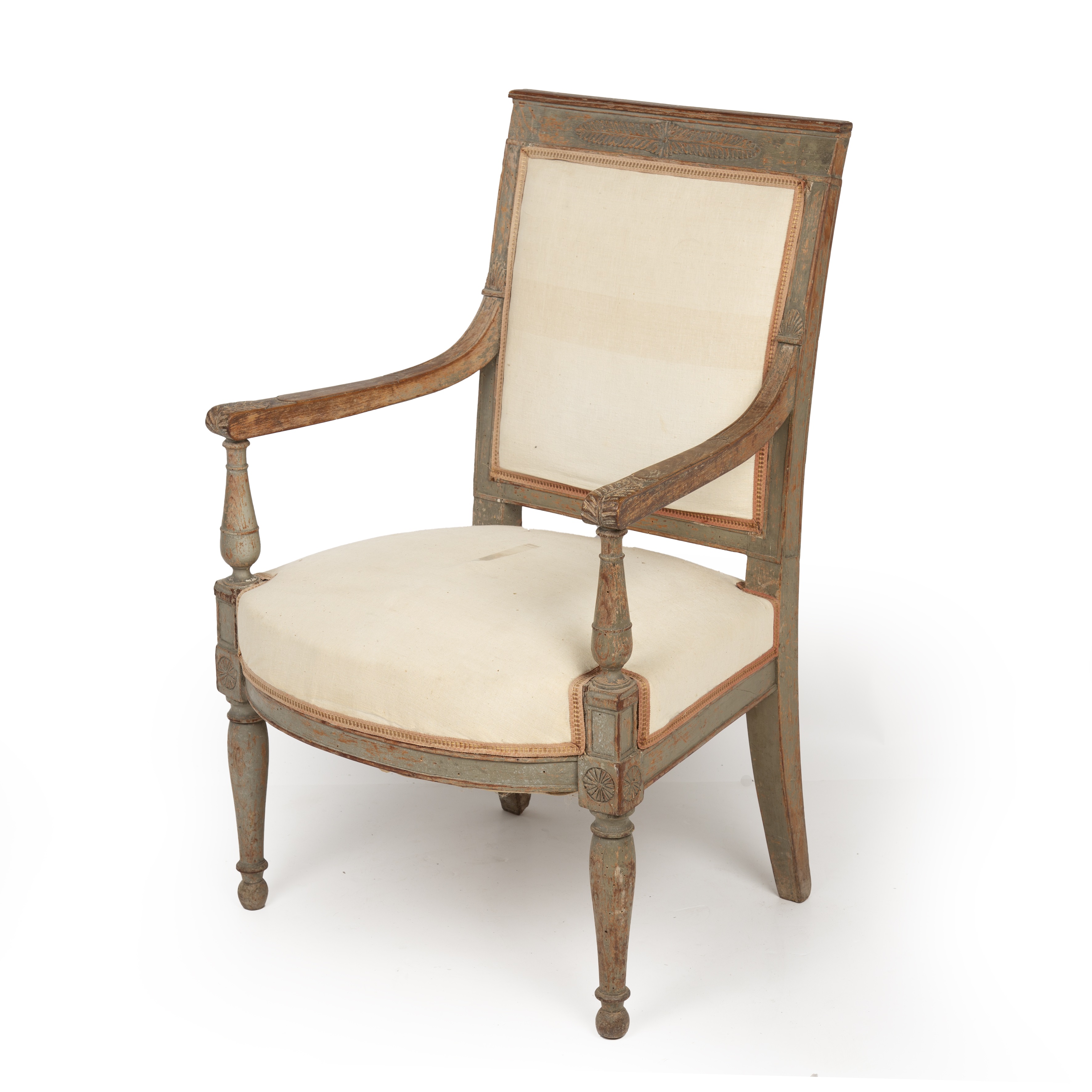A 19th century French painted open armchair with a square back and turned legs 58cm wide 49cm deep - Image 3 of 4