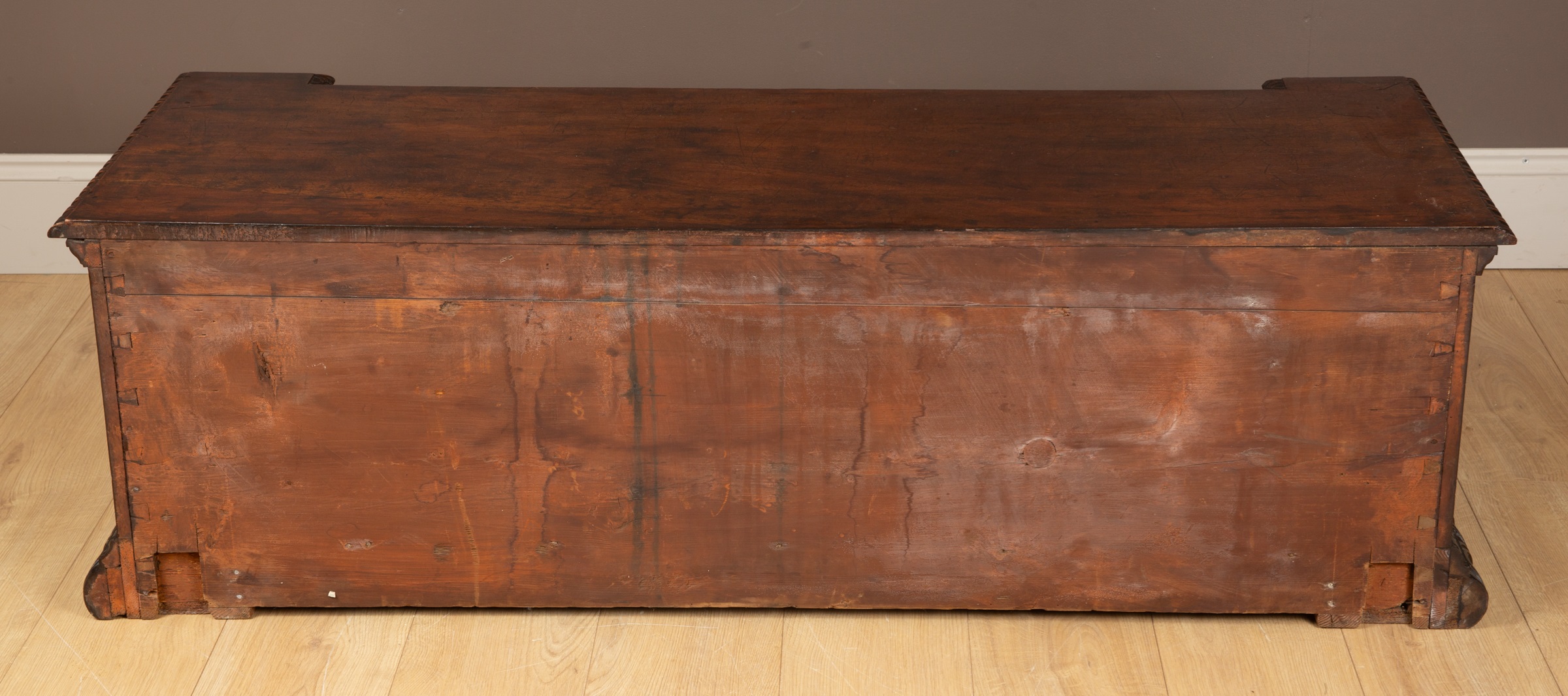 An Italian walnut cassone with a figurally carved fall front. 145cm wide x 51cm deep x 45cm high - Image 5 of 32