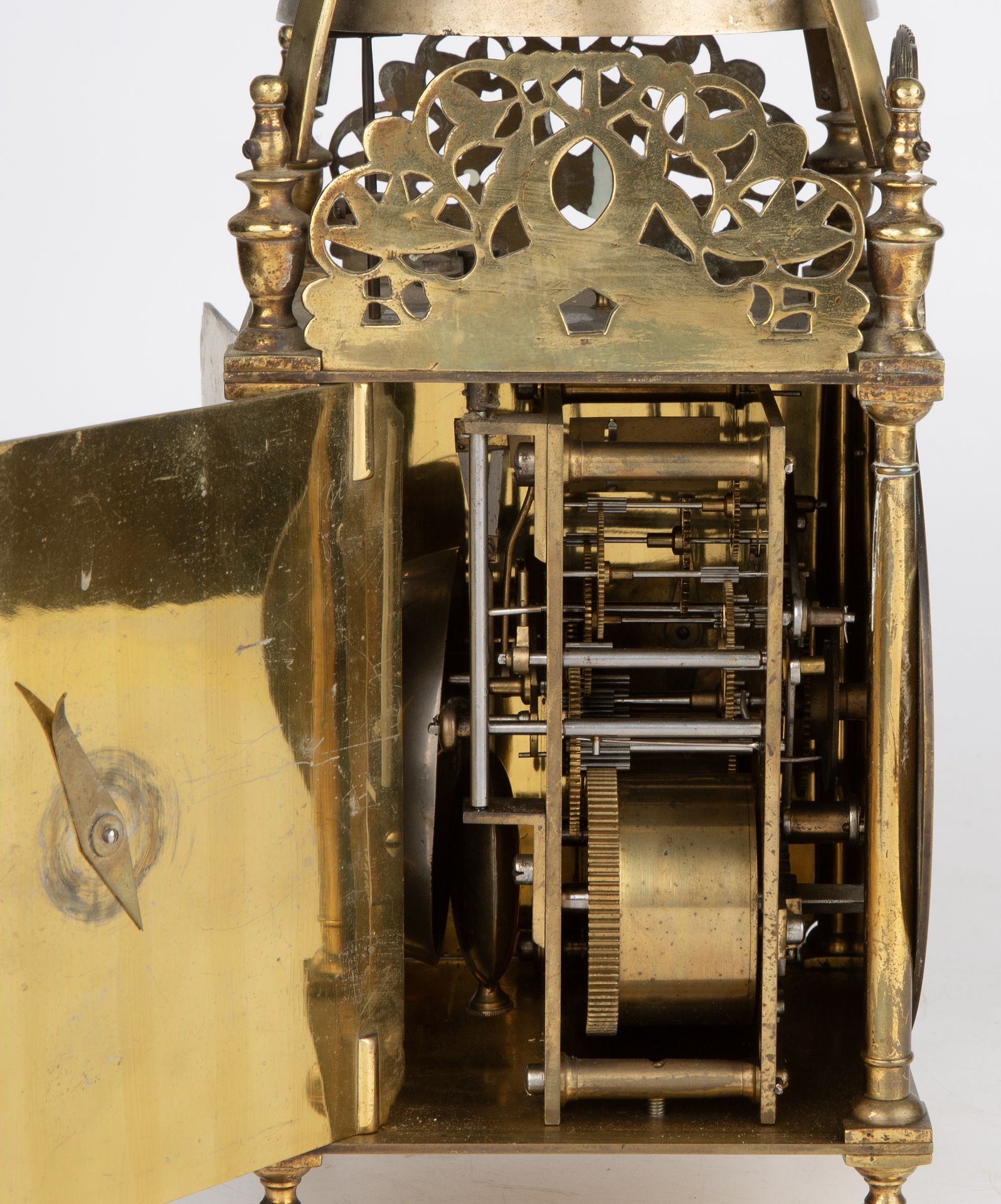A 19th century brass lantern clock the dial with roman numerals engraved James Barron 16cm wide 40cm - Image 5 of 17