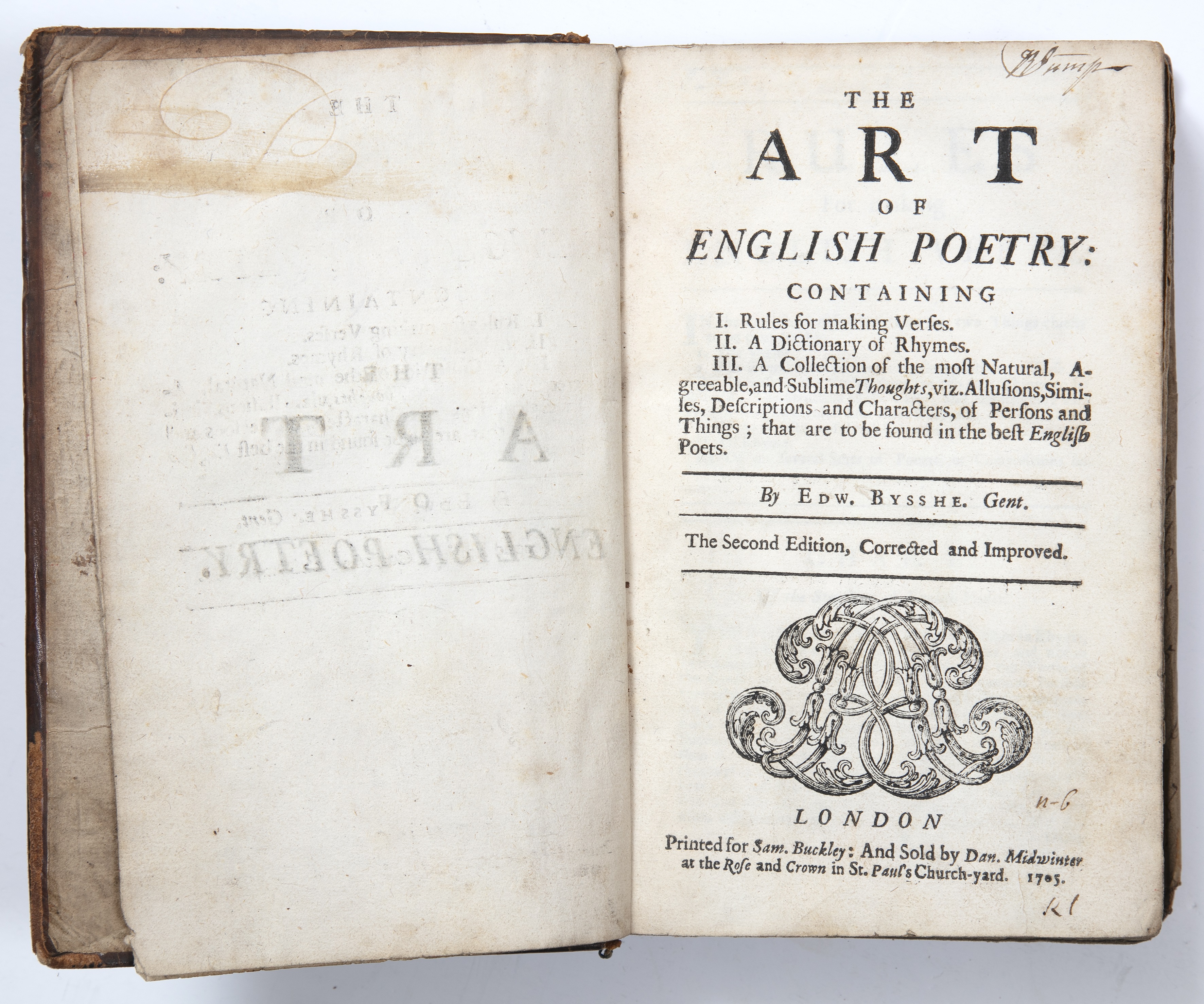 Bysshe (Edward). 'The Art of English Poetry'. Buckley, London 1705. 8vo. full calf plus a collection - Bild 2 aus 2