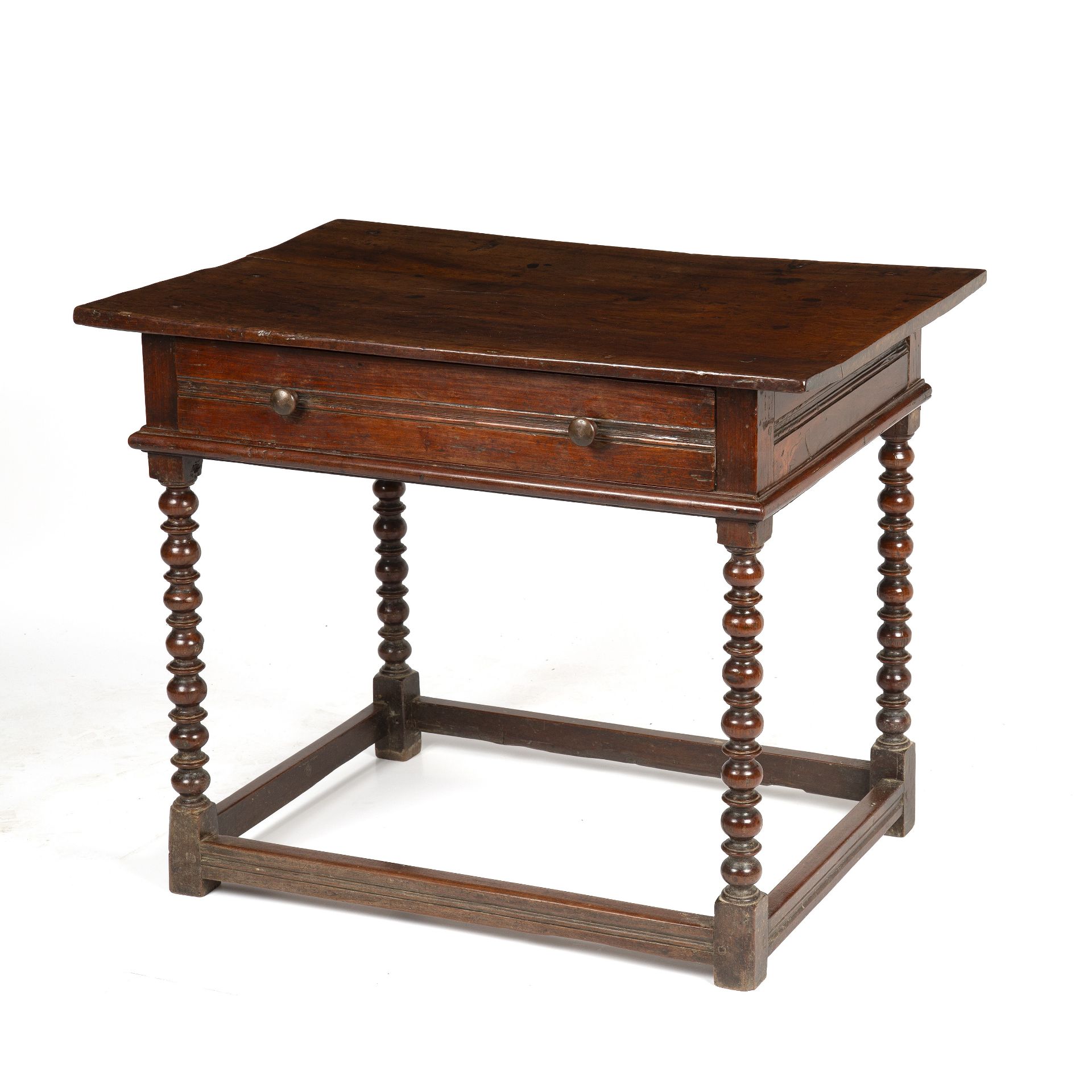 An English 17th century tropical hardwood side table with a single drawer and turned supports united - Image 4 of 6