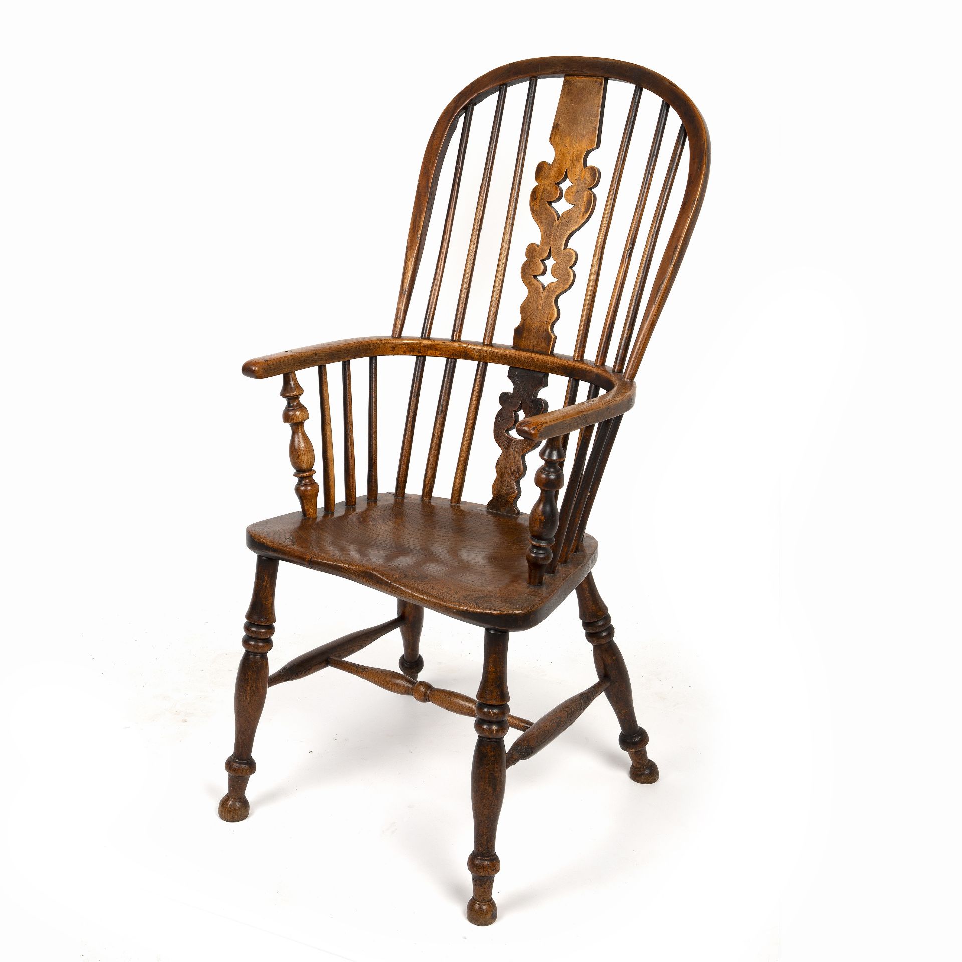 A 19th century ash and elm spindle back Windsor armchair with a pierced splat and turned supports, - Bild 2 aus 15
