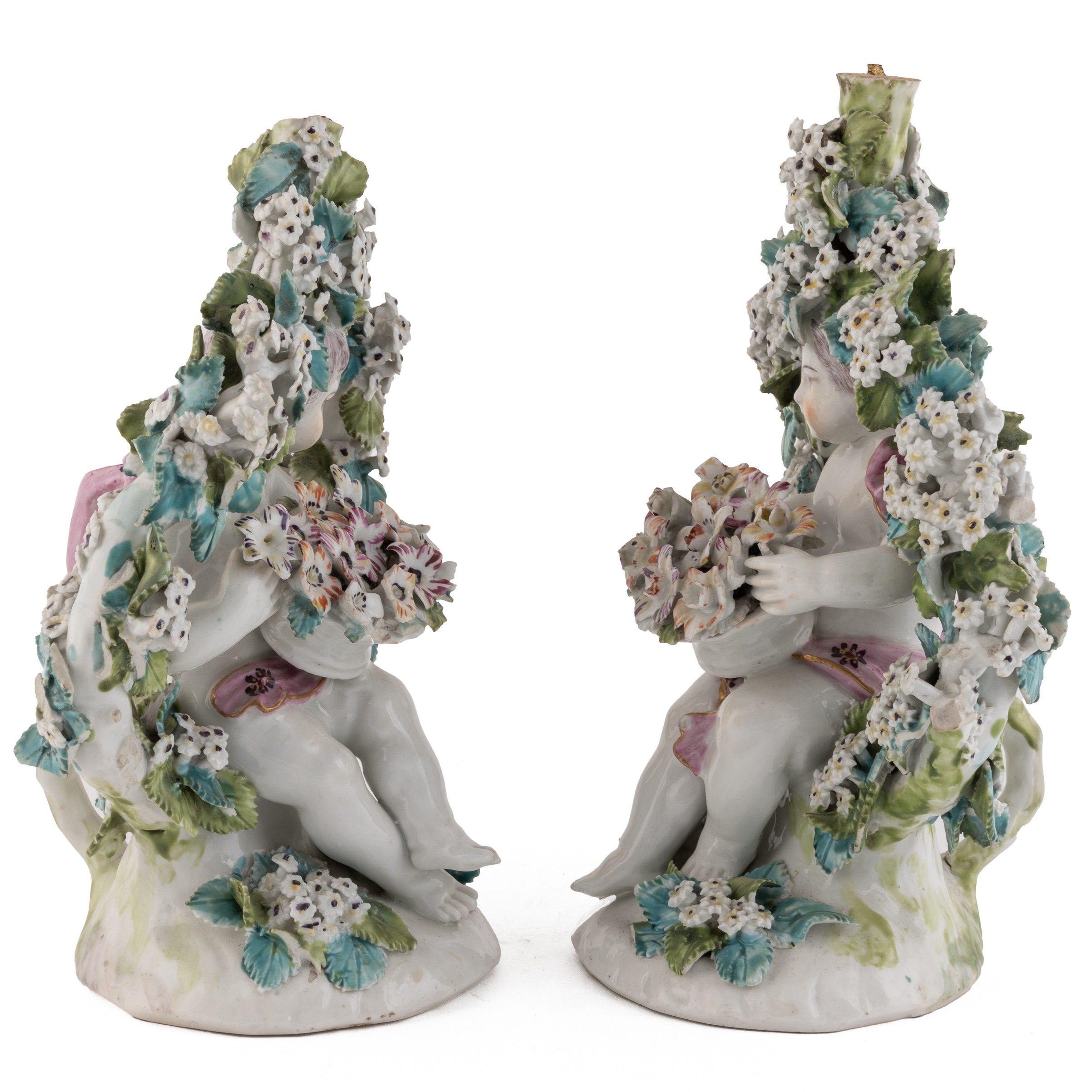 A pair late 18th century possibly Derby flower encrusted cherubs 13cm wide 19cm high Cherub with - Image 4 of 37