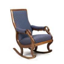 A 19th century mahogany framed upholstered rocking chair with carved swan neck arms 57cm wide 80cm