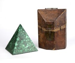 A malachite pyramid 19cm wide 20cm high together with an early 19th century leather bound