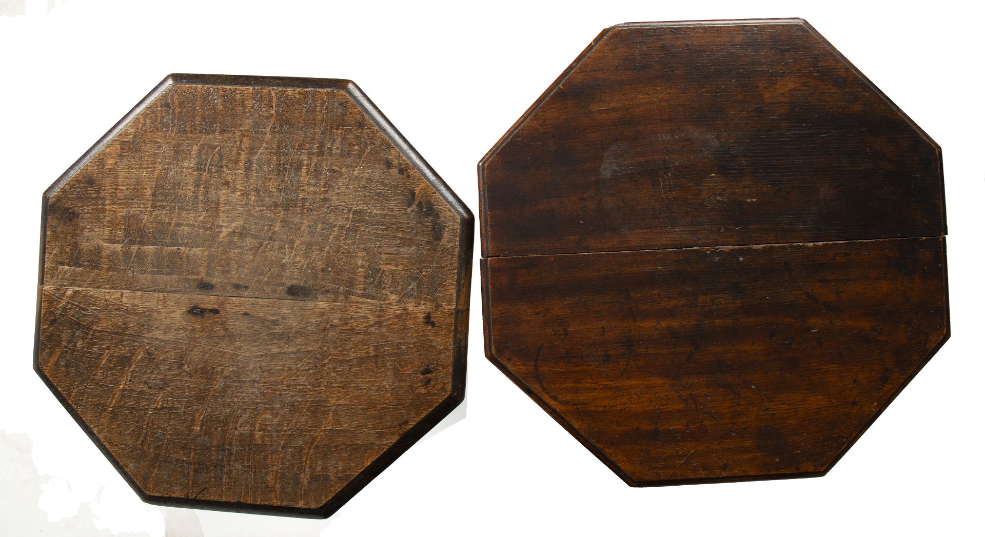 Two similar 19th century oak octagonal tables with triform bases each approximately 49cm wide 73cm - Image 3 of 3