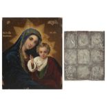 A Russian Icon, the mother and child 27cm x 22cm together with a embossed white metal Icon 15cm x