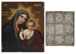 A Russian Icon, the mother and child 27cm x 22cm together with a embossed white metal Icon 15cm x
