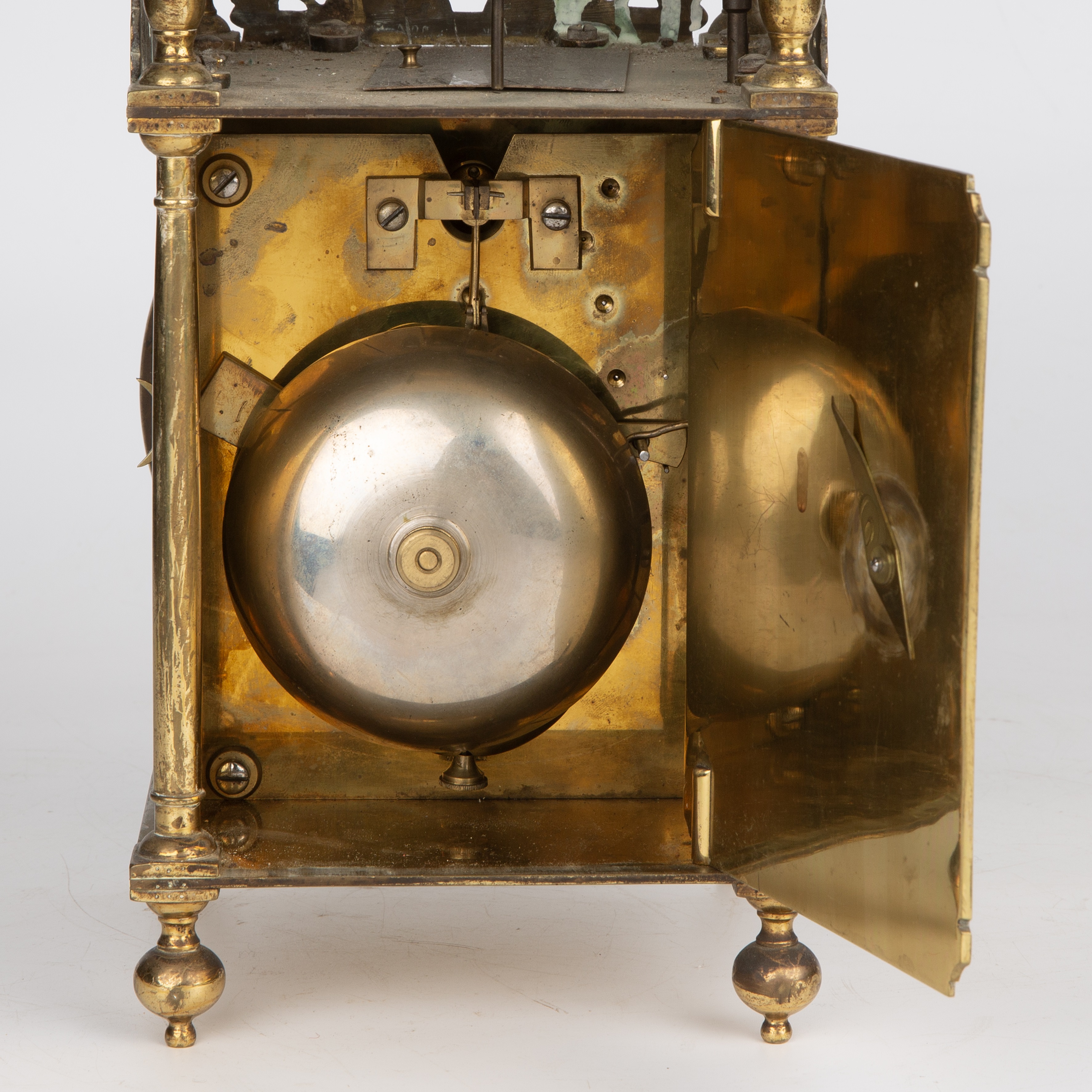 A 19th century brass lantern clock the dial with roman numerals engraved James Barron 16cm wide 40cm - Image 4 of 17